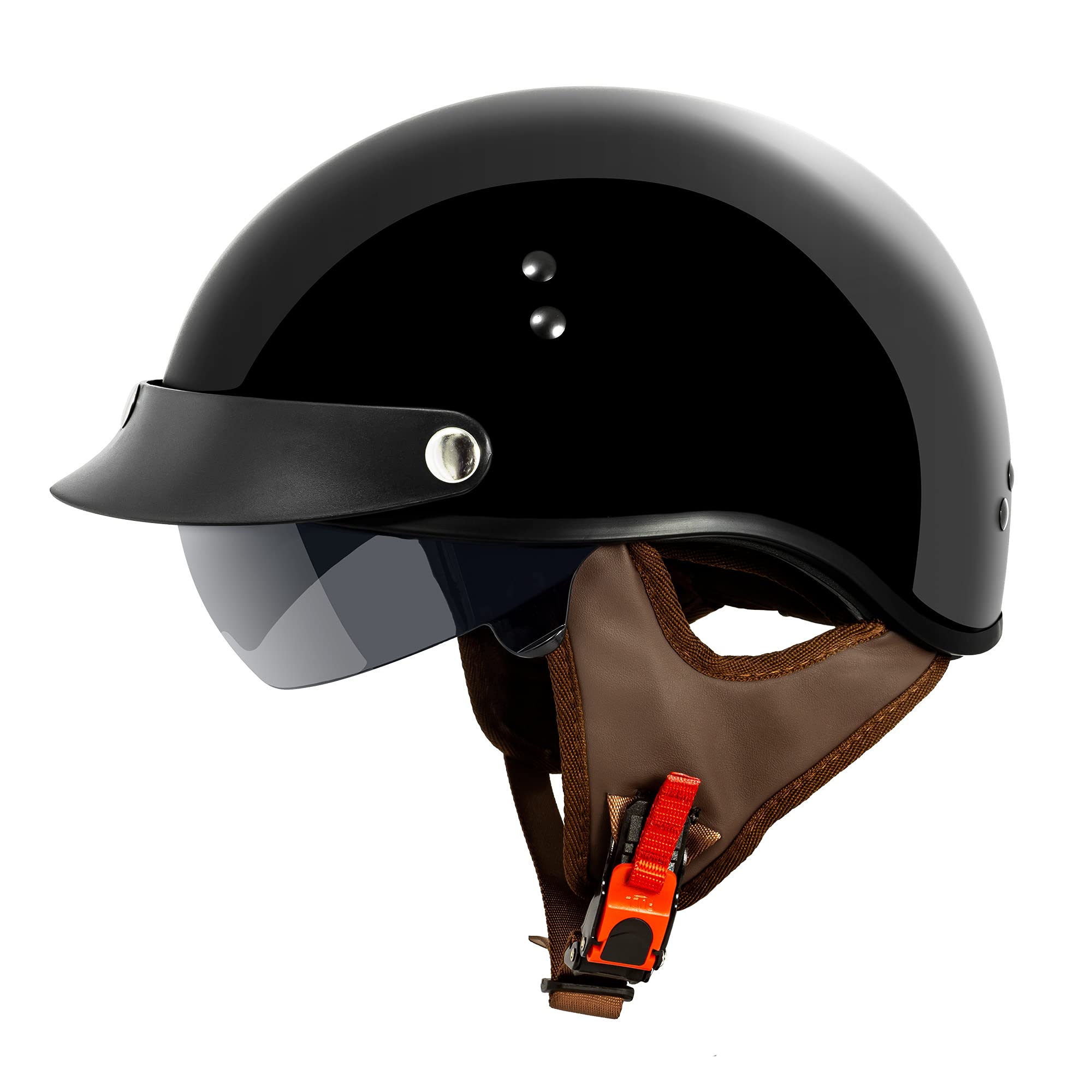 VCAN Cruiser Solid Gloss Black Half Face Motorcycle Helmet with Drop-Down Sun Visor, Removable Peak and Quick Release Buckle (XX
