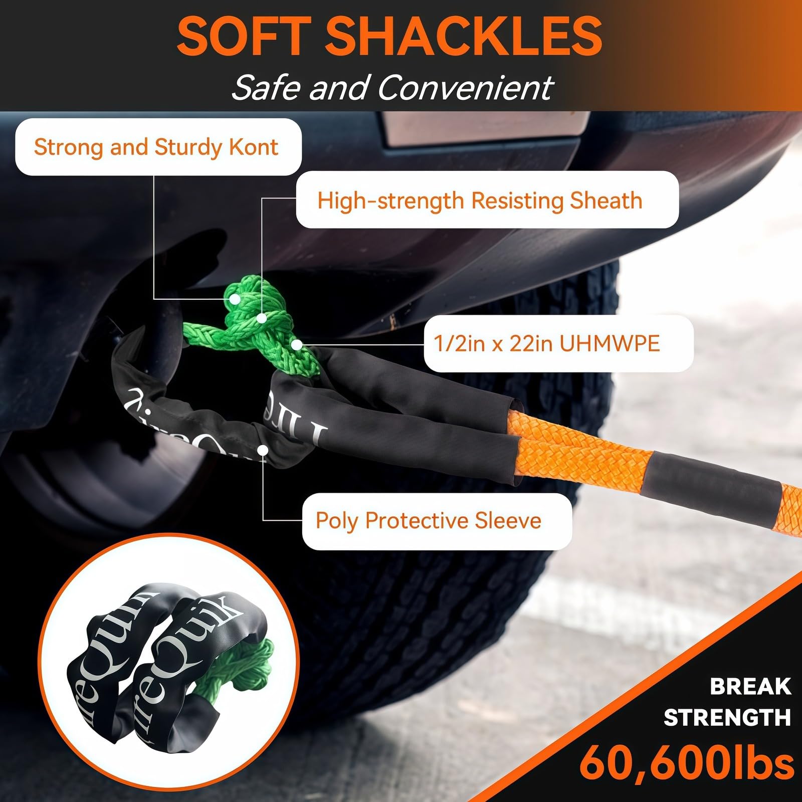 Kinetic Recovery Rope 1.26'' x 30ft 55000lbs Heavy Duty Offroad Snatch Strap with 2 Soft Shackles, Kinetic Tow Rope Recovery Kit