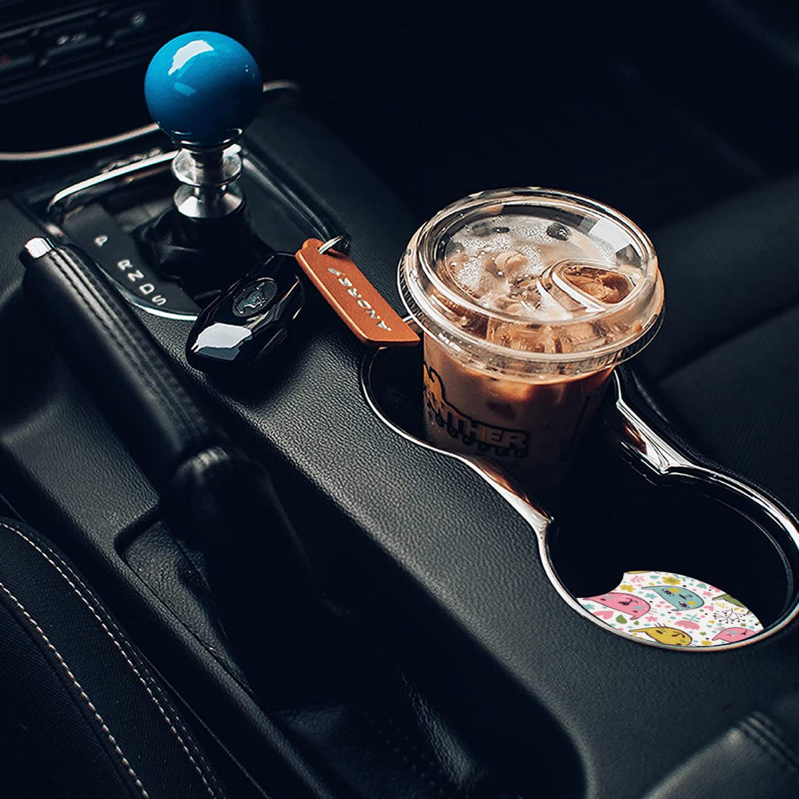 Abstract Cute Cat Absorbent Car Cup Coasters,Cup Holders,Cork Base Drink Coasters With Finger Notch For Easy Move Of Car Cup Hol