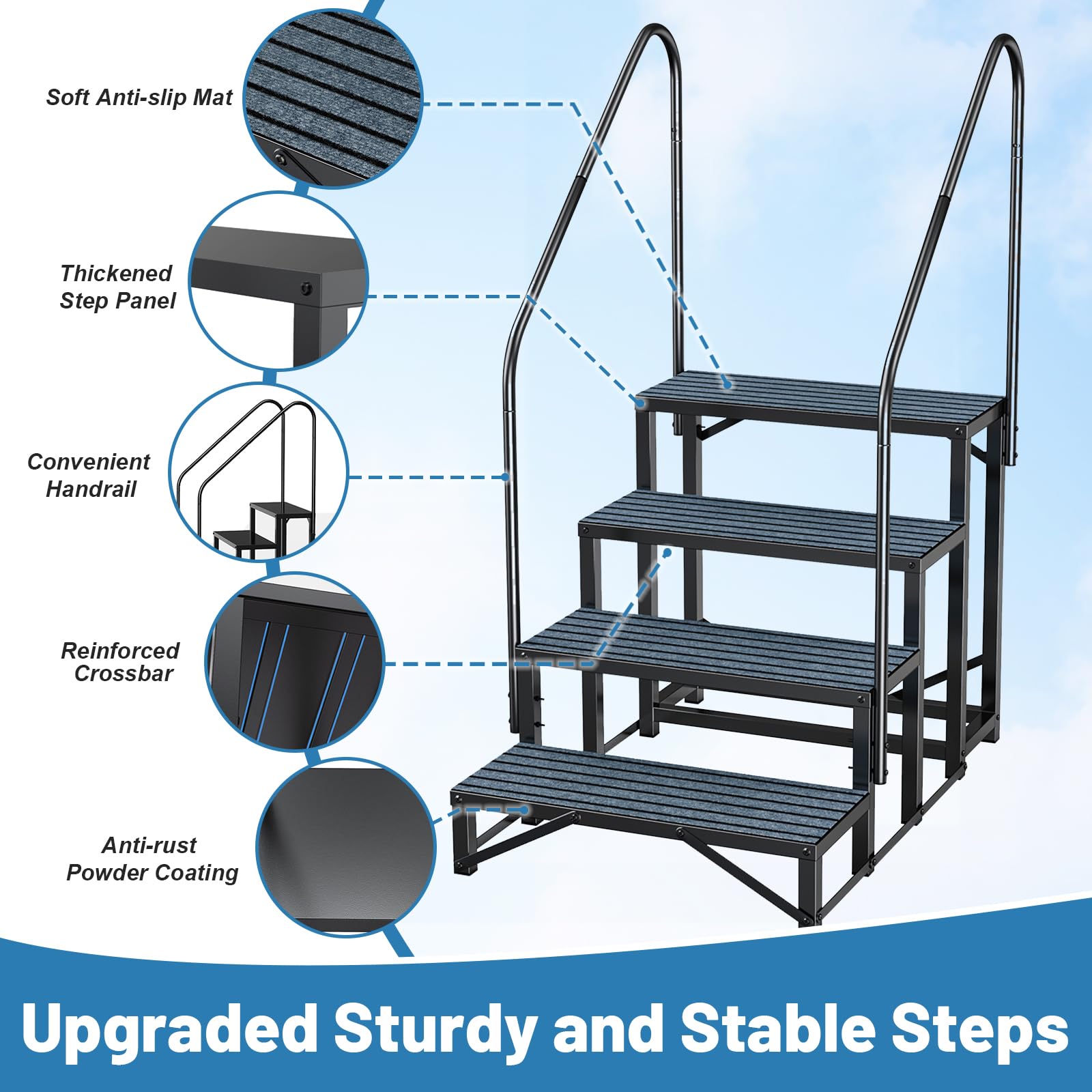Rv Steps with Handrail 4 Step,Hot Tub Steps with Anti-Slip Mats,Heavy Duty Metal Mobile Home Stairs,Camper Steps for Travel Trai