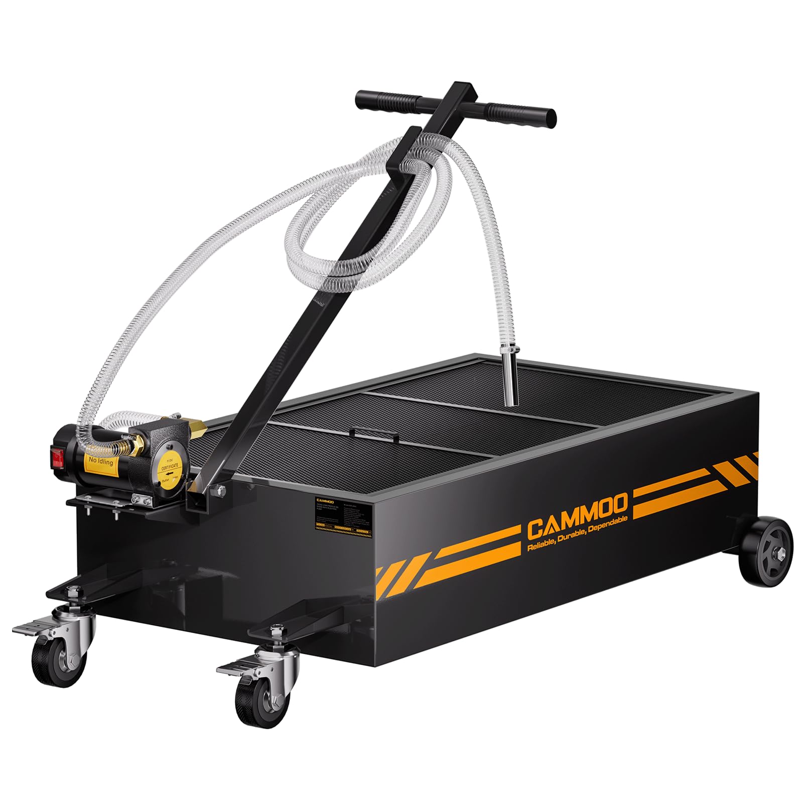 CAMMOO 25 Gal Electric Oil Drain Pan, 110V High-Flow Pump, 9.8 FT Hose, 200 W Motor, 2 Locking Swivel Casters and 2 Directional 