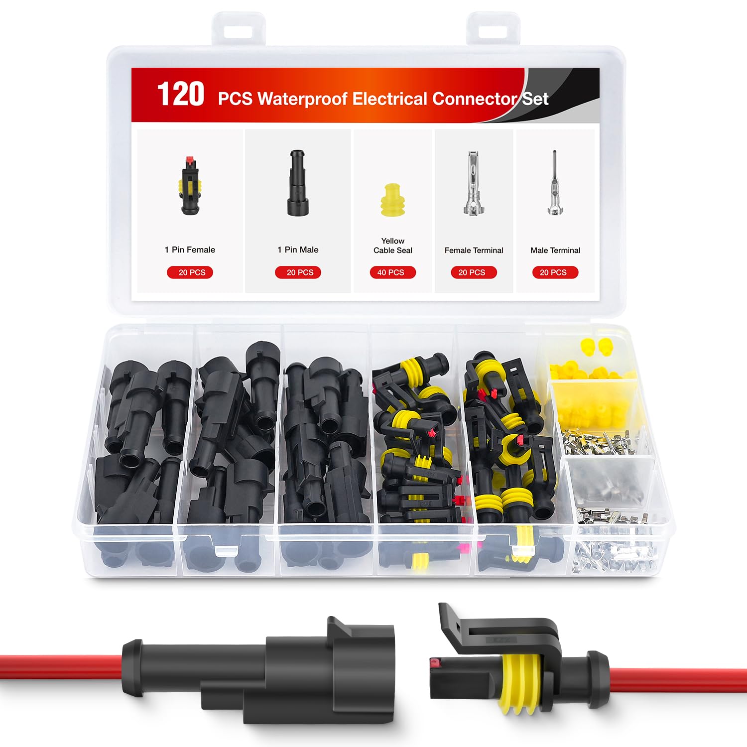 Nilight 120Pcs 1 Pin Electrical Connector Plug Male Female Terminal Wire Connectors Waterproof One Way Automotive Connect Set Fo