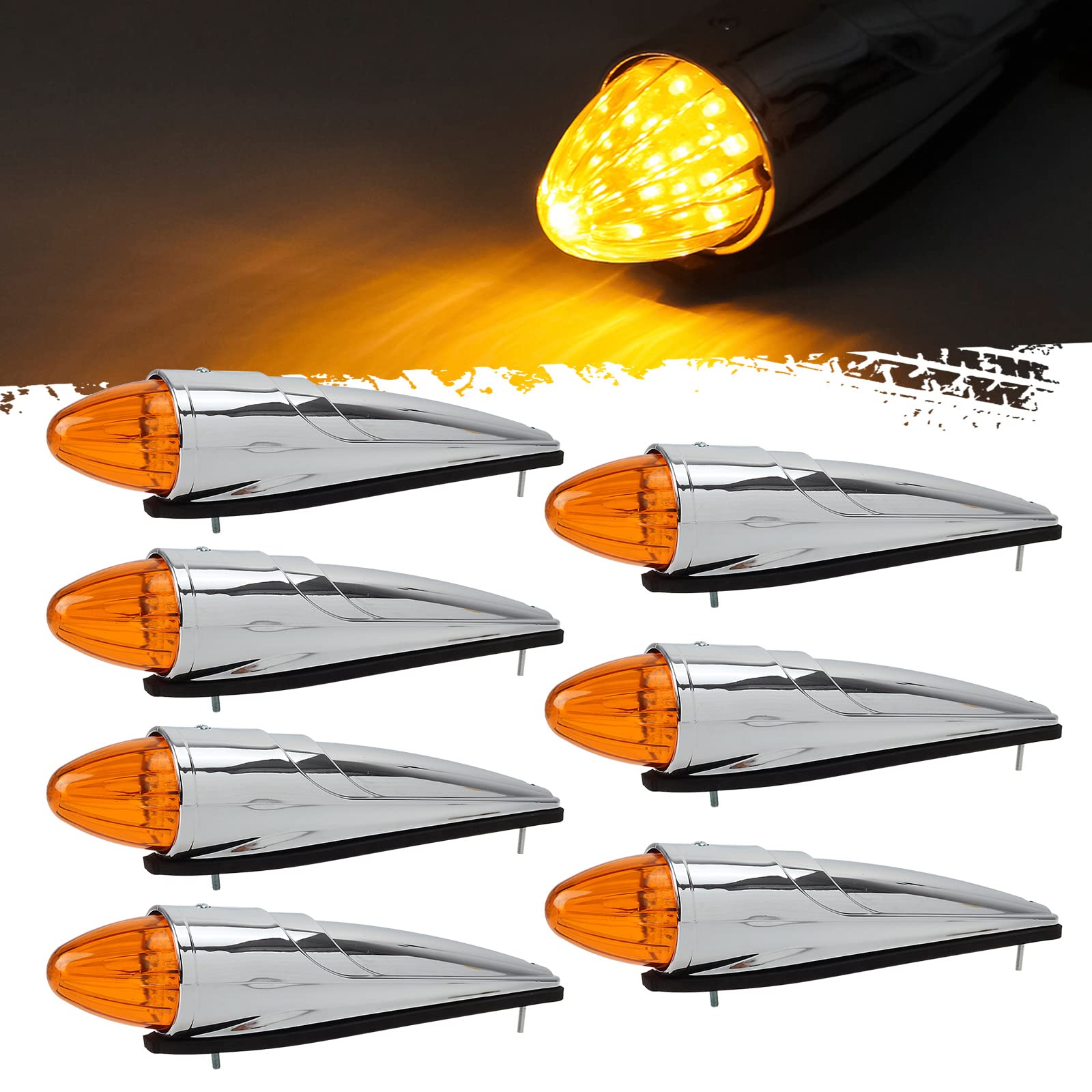Partsam 7Pcs 17 Led Torpedo Cab Lights Chrome Amber Led Top Cab Marker Roof Running Lights Assembly Compatible With Kenworth/Pet