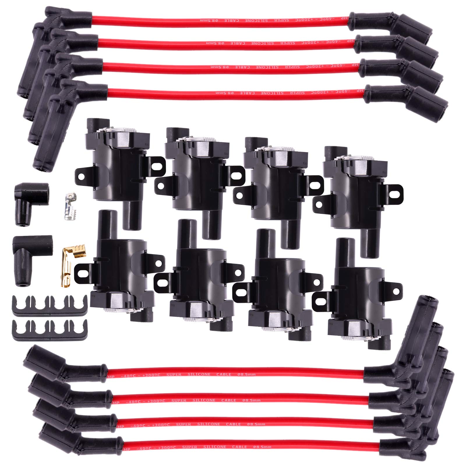 MAS Set of 8 Round Ignition Coils Pack UF262 & 748UU 8.5mm Spark Plug Wire Set Compatible with Chevy Hummer H2 Cadillac GMC Yuko