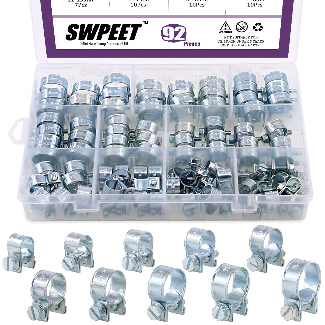 Swpeet 92Pcs 10 Sizes Zinc Plated Mini Fuel Injection Line Style Hose Clamp Assortment Kit Perfect for Automotive, Agriculture, 