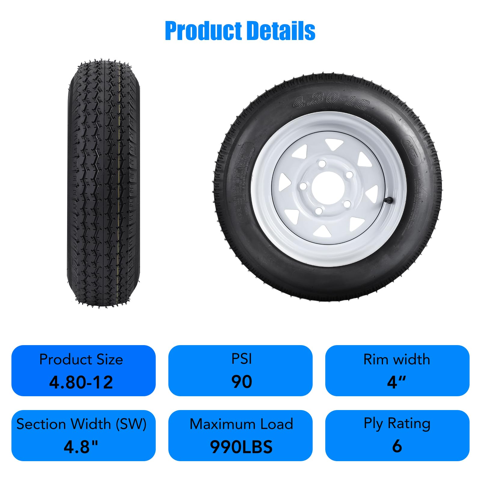 2 Pack 480-12 4.80X12 4.80-12 4.8-12 Trailer Tires With 12'' Rims, 5 Lug On 4.5'', Load Range C 6Pr