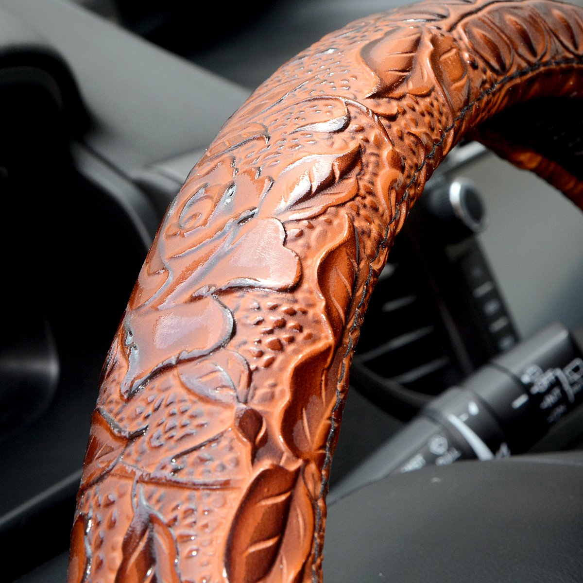 ZYHW Car Steering Wheel Cover, 15" Universal Leather Protector, Antislip, Brown, Model LSA1031