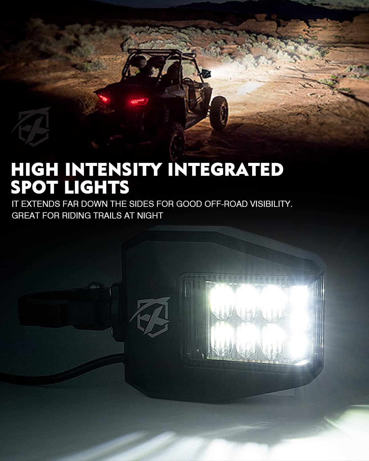 Xprite Aluminum Utv Side Rear View Mirrors Fit All 1.6-2 Inch Roll Bar Cage, Blue Anti-Glare Mirrors And Smoke Lens Led Spot Lig
