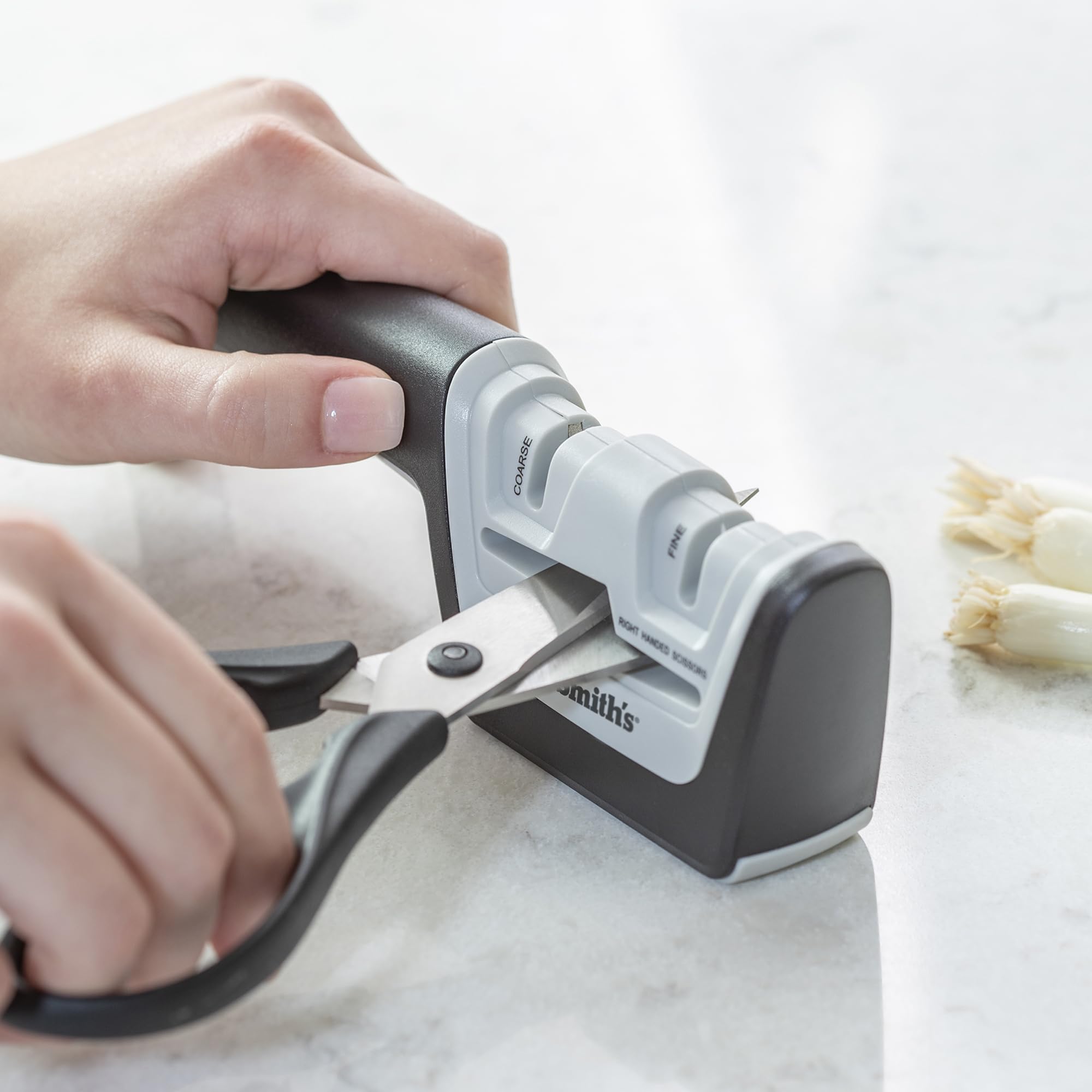 Kitcheniq 50217 Diamond Pull-Thru Knife & Scissor Sharpener - Black/White - Pull-Thru Knife Sharpener - Left & Right-Handed Scis