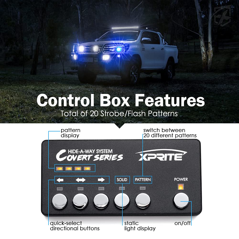 Xprite Blue Led Hideaway Strobe Police Lights Kit, 20 Flashing W/Control Panel Headlights Taillights Mounting, Hazard Warning Fo