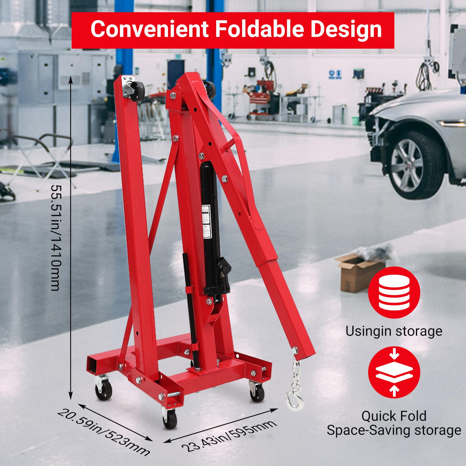 KOKEBREN 2 Ton Engine Hoist, Folding Cherry Picker Engine Hoist with Lever and 6 Casters, 4400lbs Heavy Duty Hydraulic Shop Cran