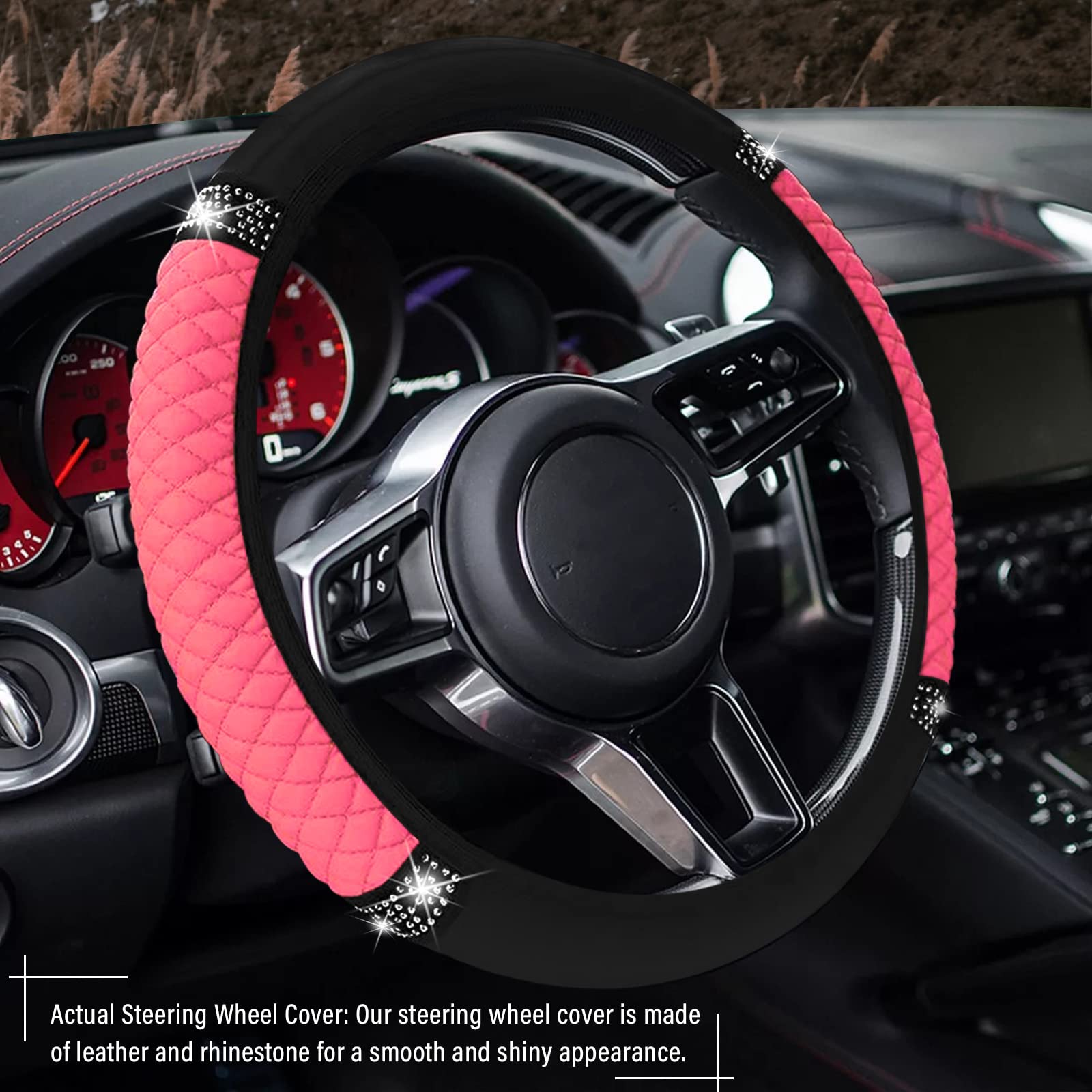 Jingsen 11 Pcs Bling Rhinestones Leather Car Accessories Set,Bling Steering Wheel Cover For Women,Center Console Armrest Pad Belt Cover Handbrake Gear Cover Coasters Full Set For Car Suv