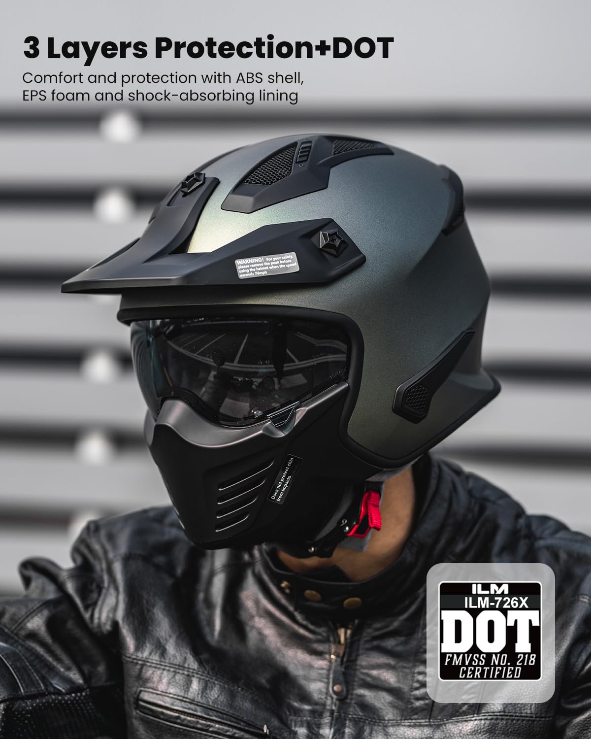Ilm Open Face Motorcycle 3/4 Half Helmet For Dirt Bike Moped Atv Utv Motocross Cruiser Scooter Dot Model 726X (Midnight Green,S)
