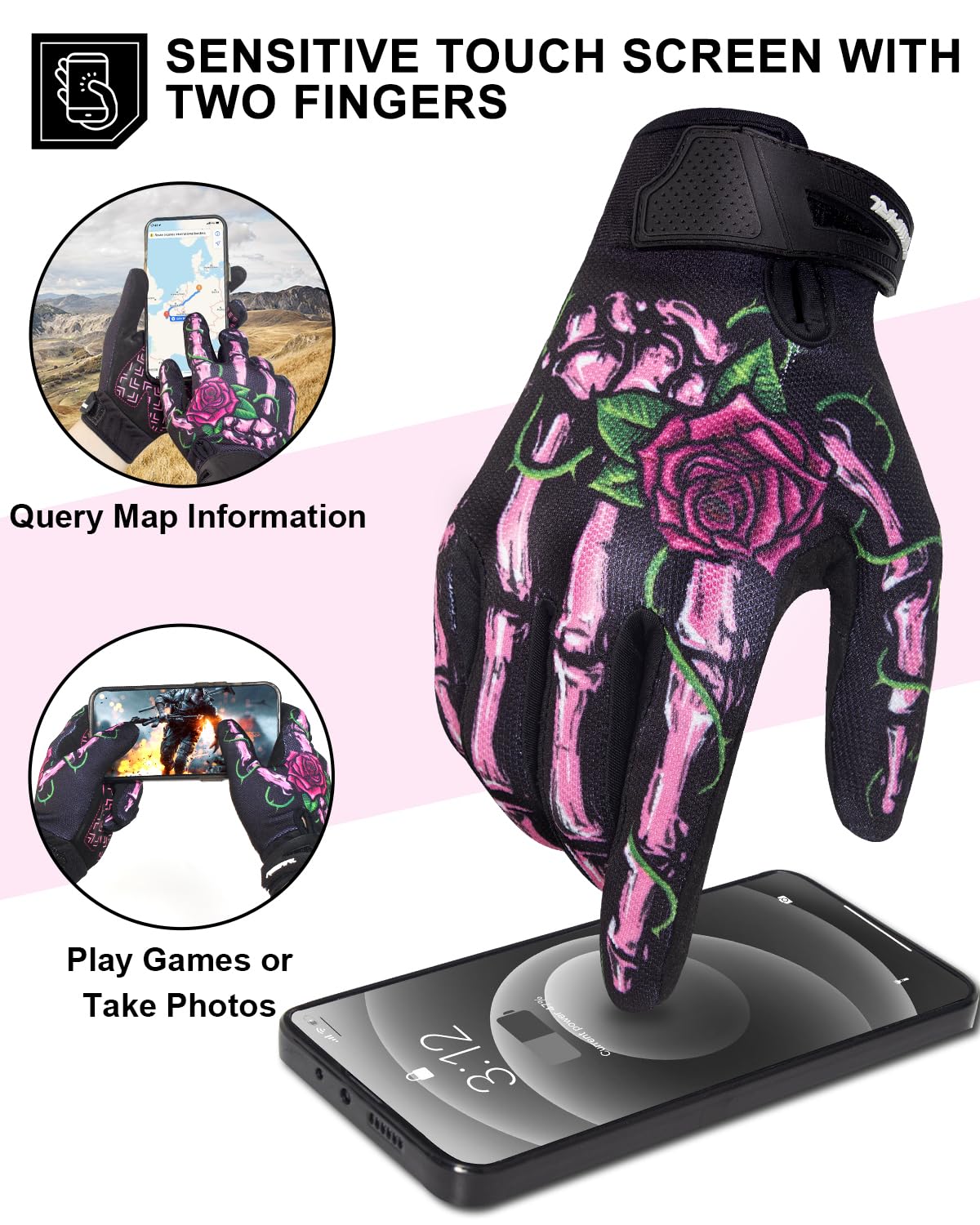 Rigwarl Motorcycle Gloves For Women - Touchscreen, Breathable Pink Skeleton Design, Non-Slip Full Finger Riding Gloves For Mount