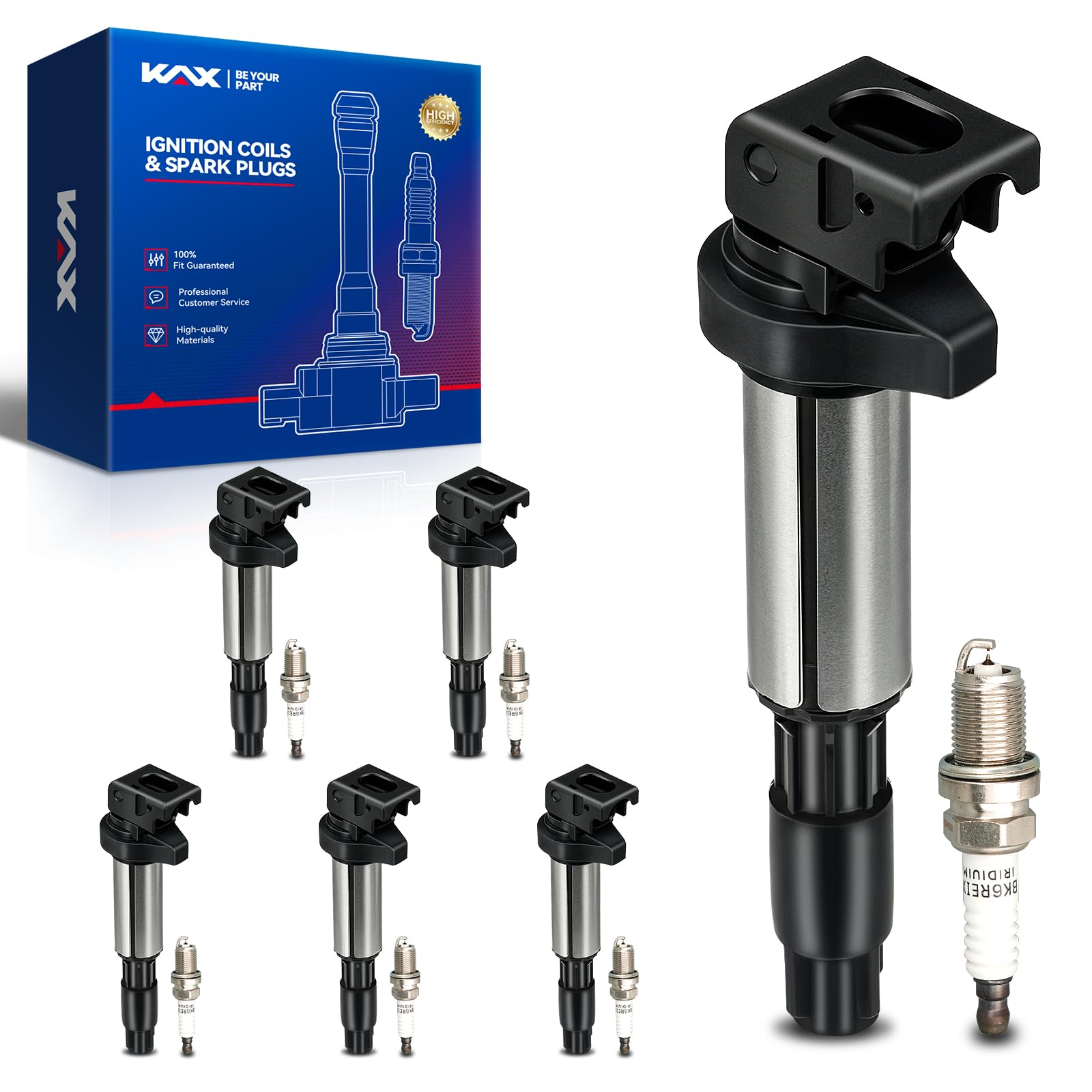 KAX 6-Pack Ignition Coils and Double Iridium Spark Plug Set for BMW X3 2005-2006, X5 2004 2006 3.0L, 530i 2003-2004, Z4 2003, 32