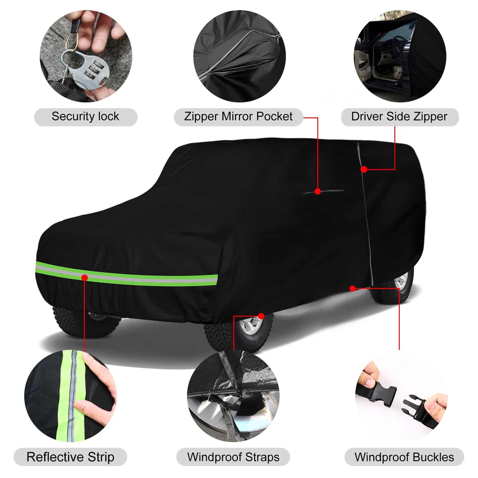 sportuli Waterproof Car Cover for 1978-1996 Ford Bronco, 6 Layers, Black, Zipper Door, Windproof, All Weather Protection