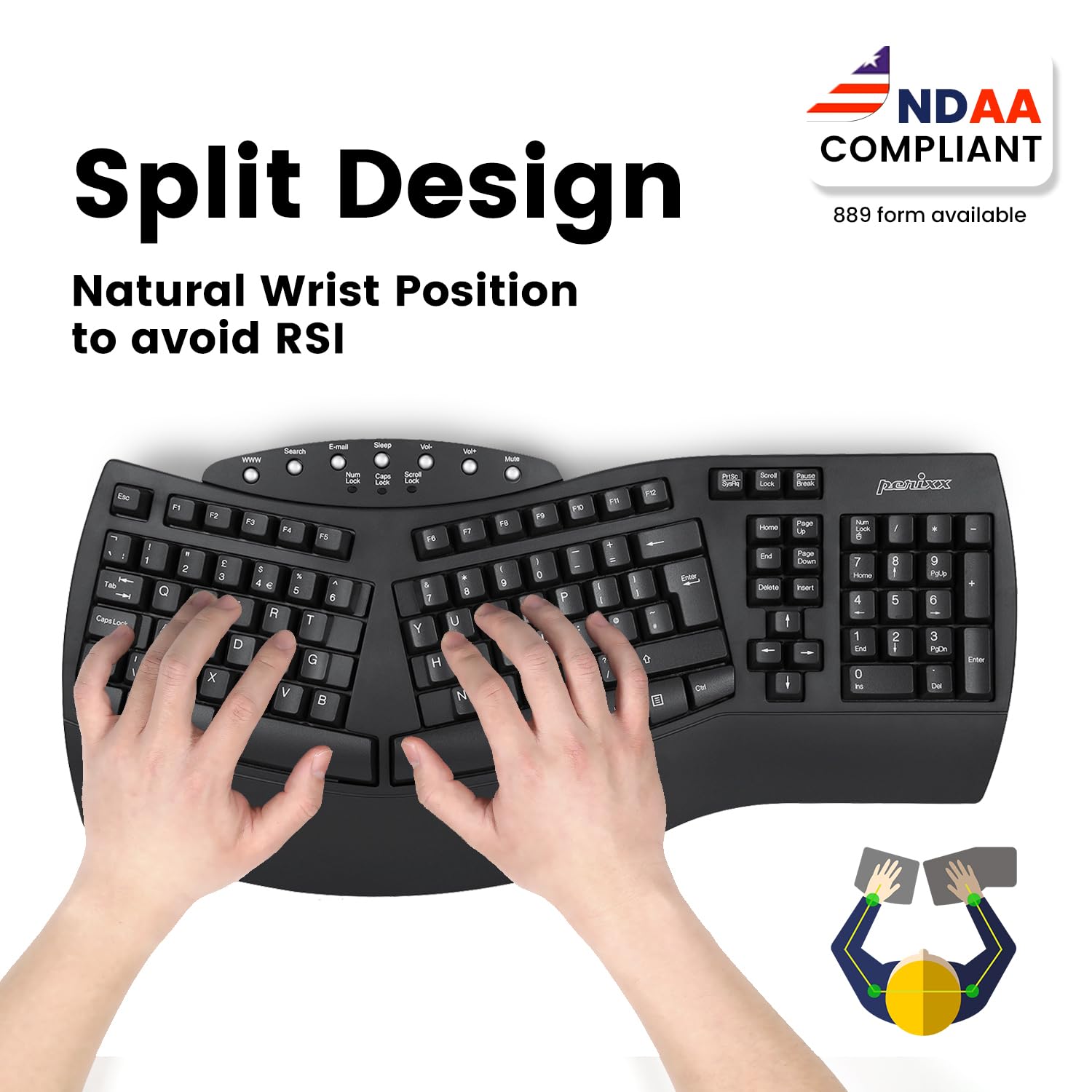 Perixx Periboard-612B Wireless Ergonomic Split Keyboard With Dual Mode 2.4G And Bluetooth Feature, Compatible With Windows 10 An