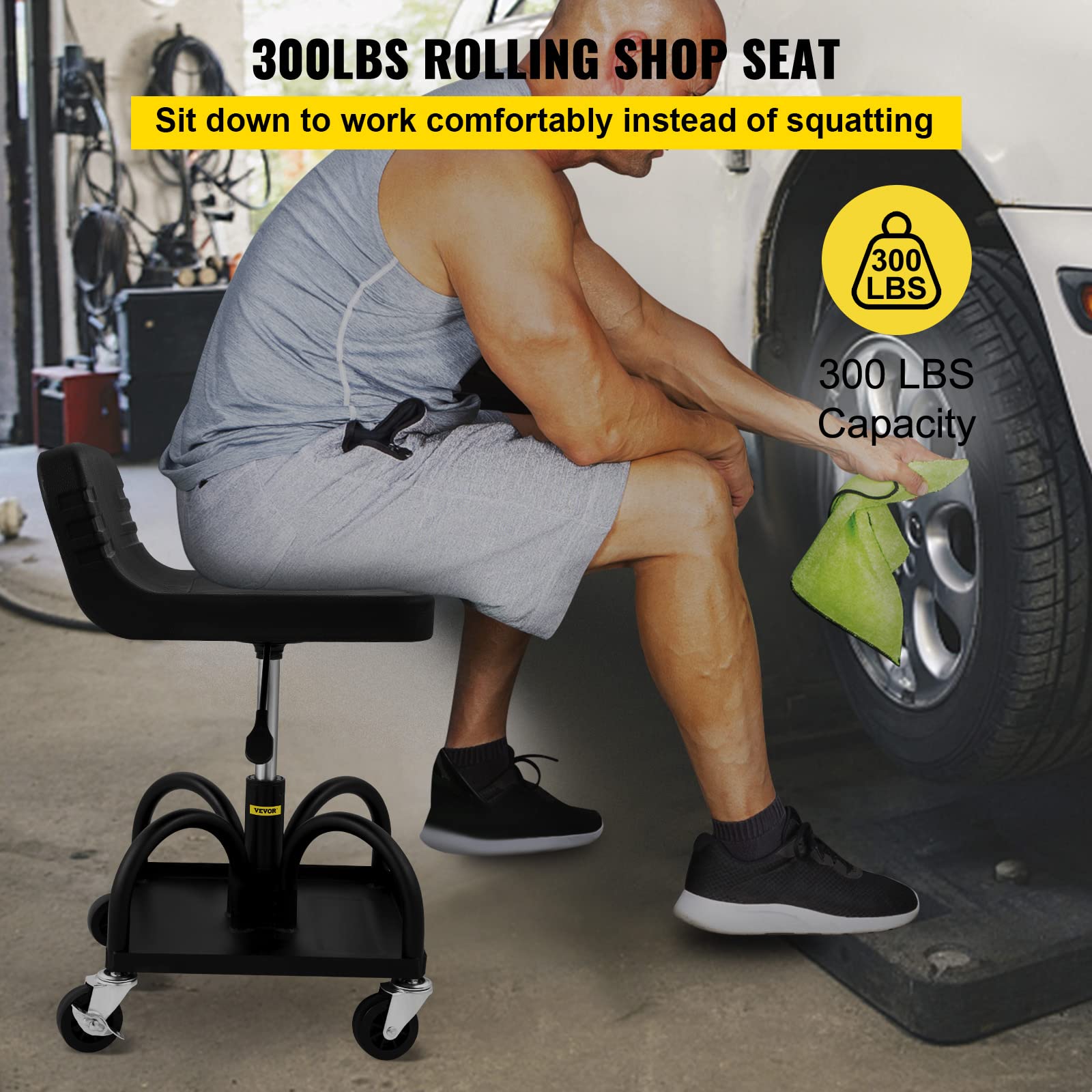 Vevor Mobile Rolling Seat, 300Lbs Capacity, 15.7'' To 20.5'' Adjustable Height, Mechanic Rolling Stool With Swivel Wheels And To