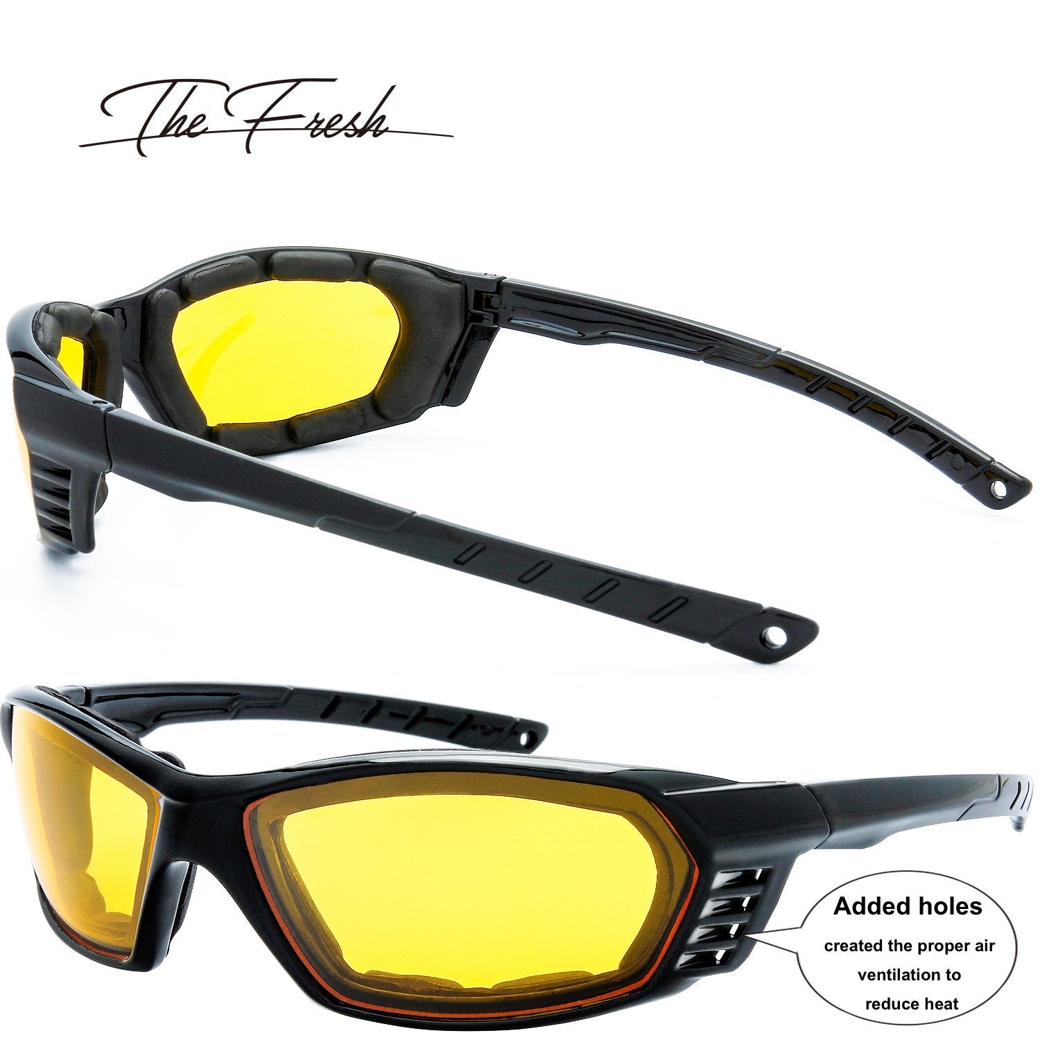 The Fresh Motorcycle Riding Glasses Padded Frame Lens Block 100% Uvb For Outdoor Activity Sport (27-Black, 3 Pairs Of Yellow)