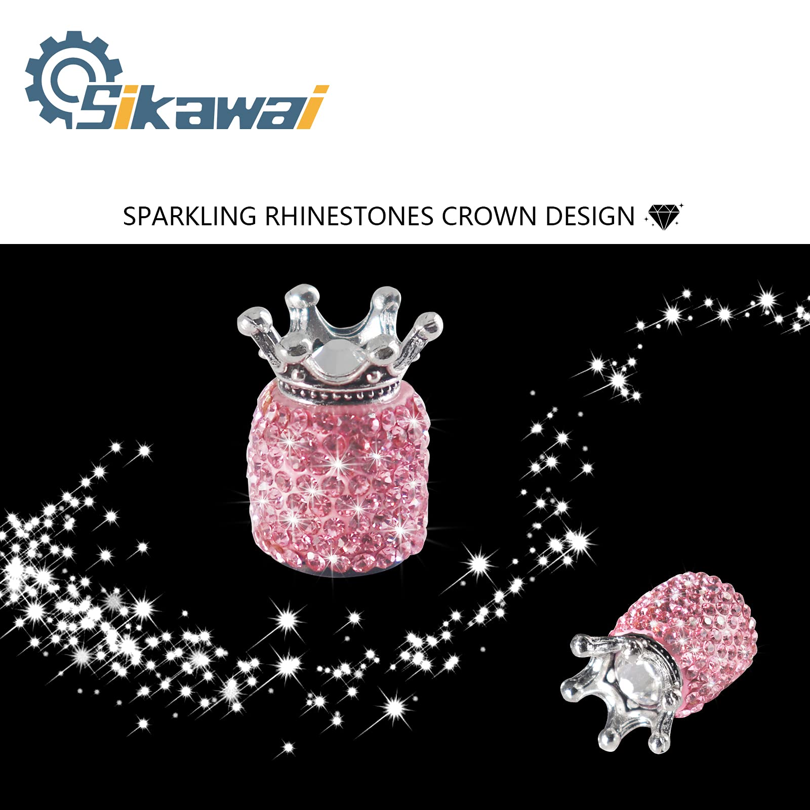 Sikawai Crown Bling Valve Stem Caps Tire Caps Sparkling Handmade Crystal Rhinestone Universal Car Tire Valve Caps Chrome,Attract