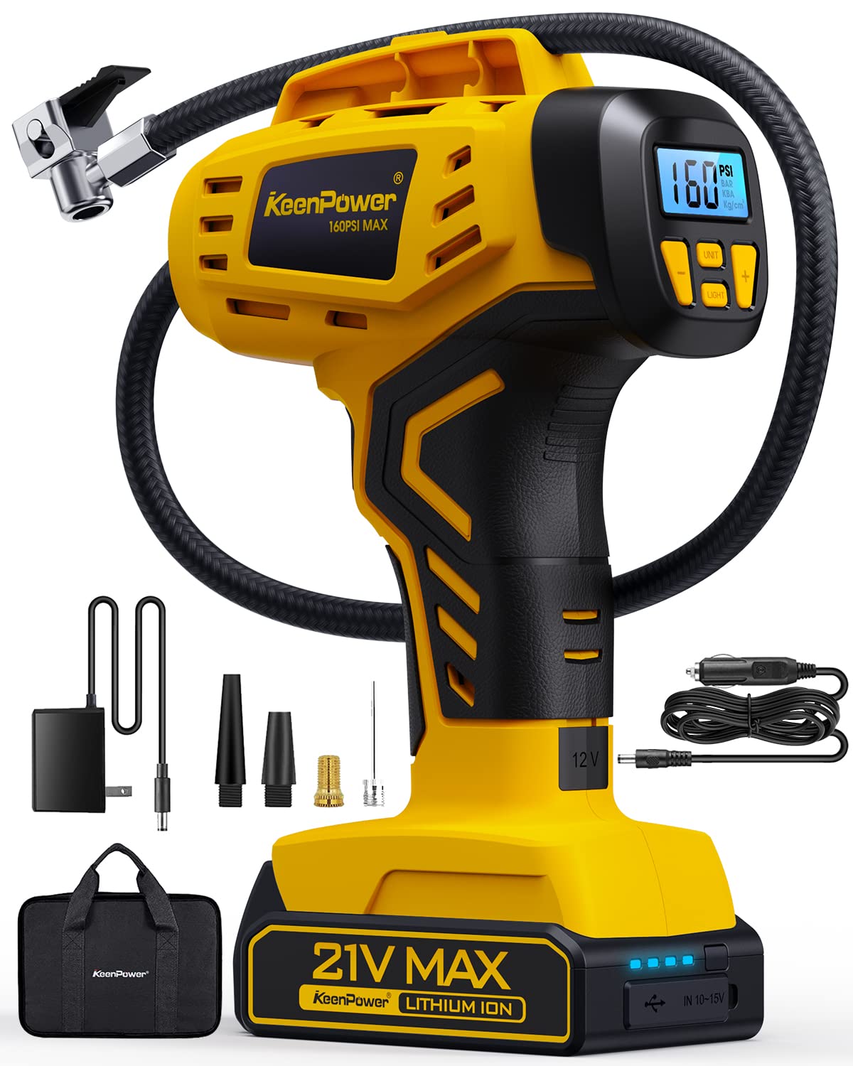 Keenpower Tire Inflator Portable Air Compressor - 2X Faster - 21V Rechargeable Battery Powered Handheld 160Psi Tire Inflator, Du