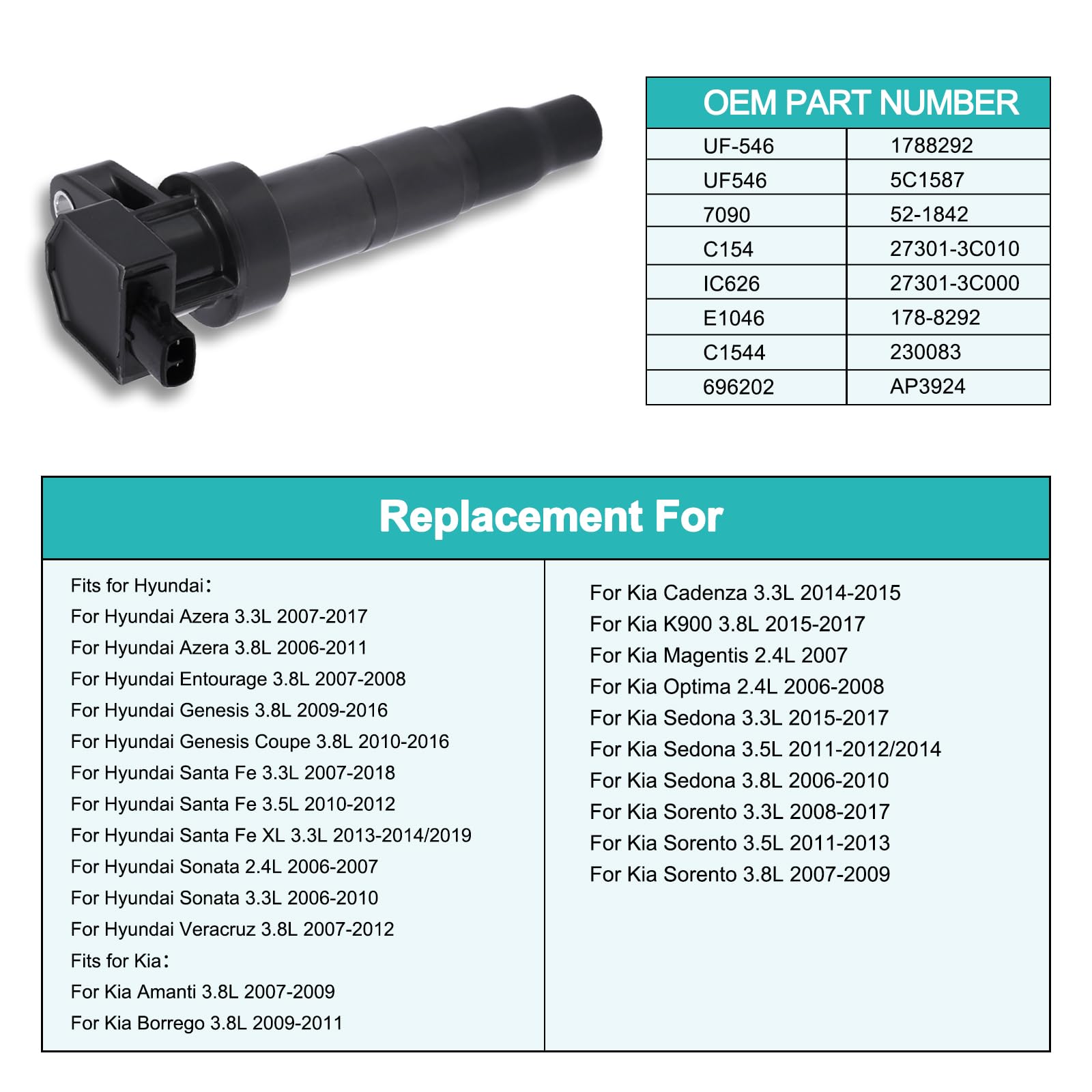 Aulink 6Pcs Uf546 Ignition Coil Pack 2.4L 3.3L 3.5L 3.8L For 2006-2019 Hyundai Azera Entourage Genesis Coupe Santa Sonata Veracr