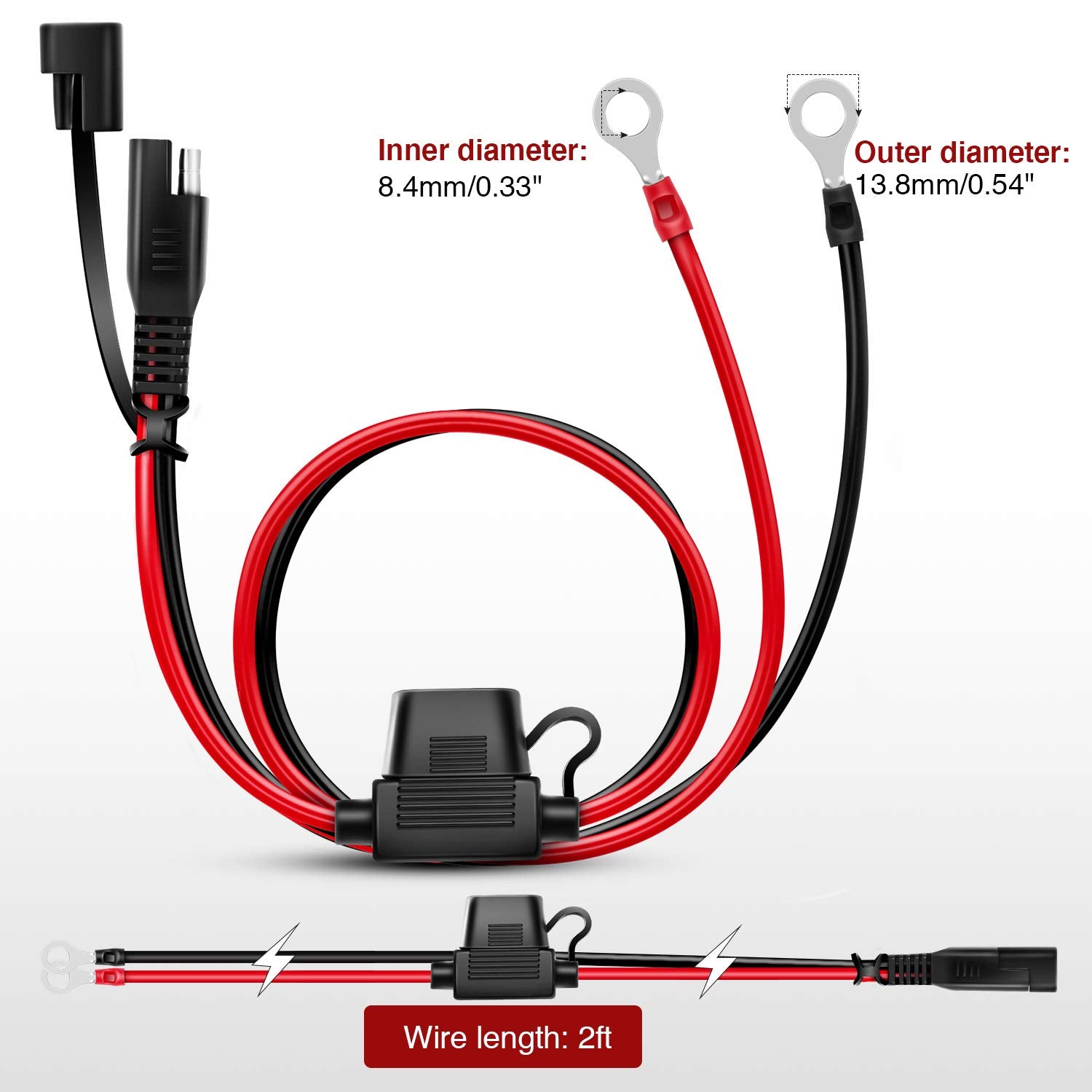 Nilight 2Ft Ring Wire 2 Pin Lug Cable, Eyelet Terminal Harness Extension Charge Cord Quick Disconnect Sae Connection Lead For Mo