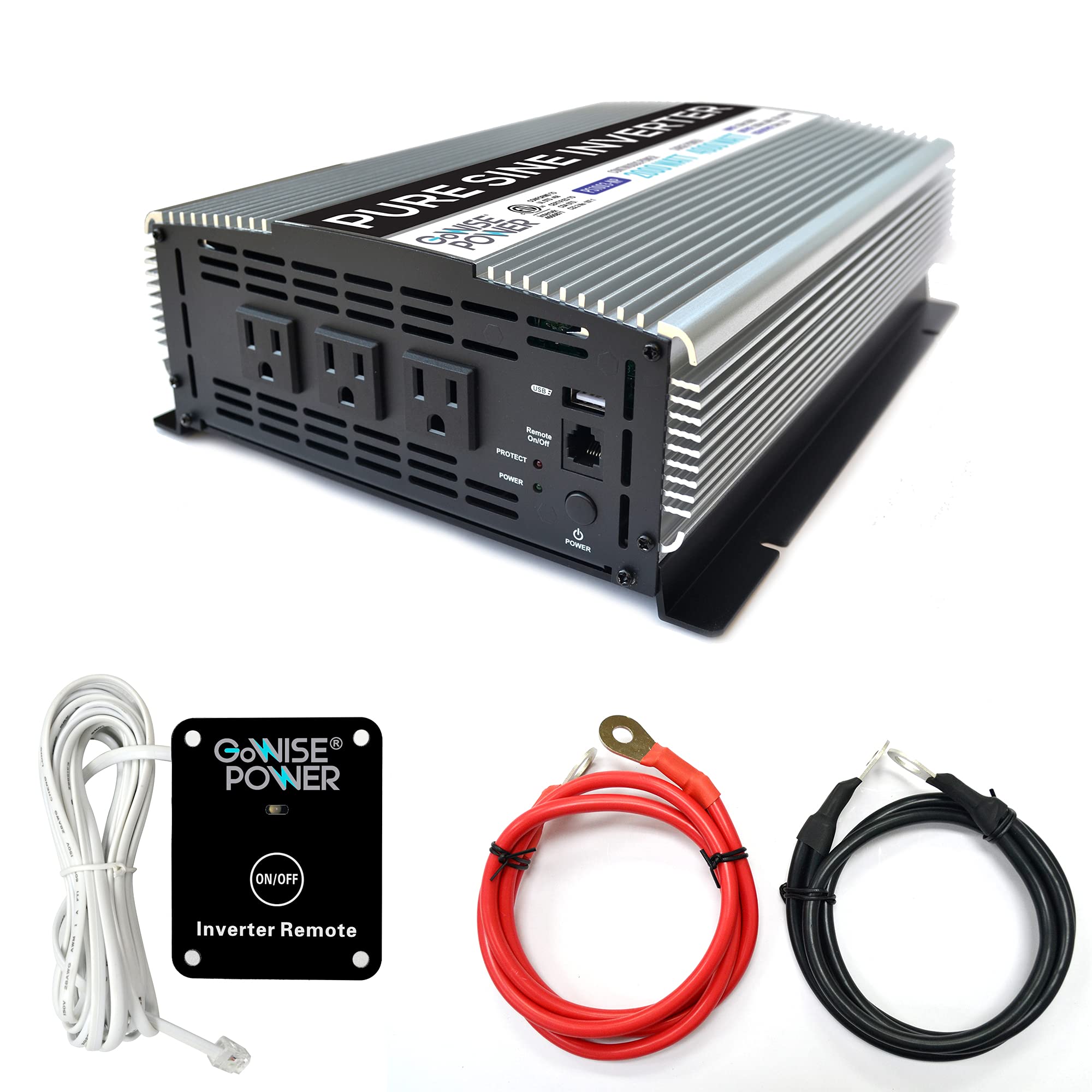 GoWISE Power 2000W Pure Sine Wave Power Inverter 12V DC to 120V AC with 3 AC Outlets + 1 5V USB Port, Remote Switch and 2 Batter