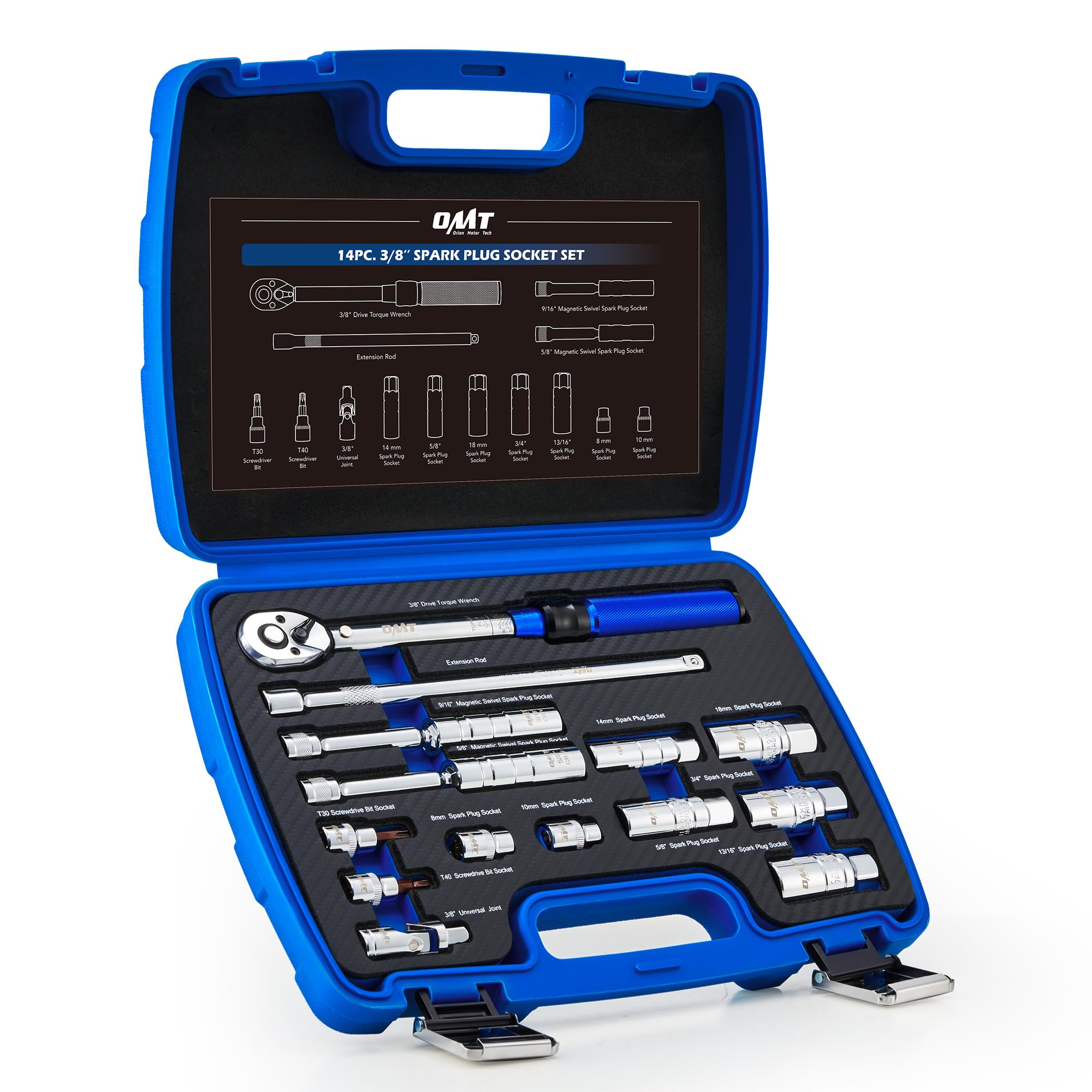 Orion Motor Tech 14pc Spark Plug Socket Set, 3/8 Inch Drive Magnetic Swivel Spark Plug Socket Set with Torque Wrench, Torque Bit