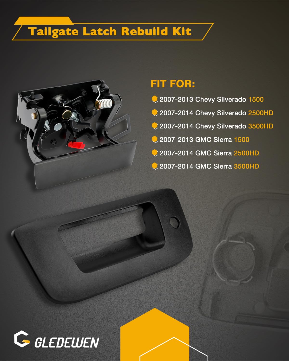 Gledewen Tailgate Latch Rebuild Kit, Metal & Plastic, 2007-2014 Chevy Silverado GMC Sierra, Model 15140549, Black