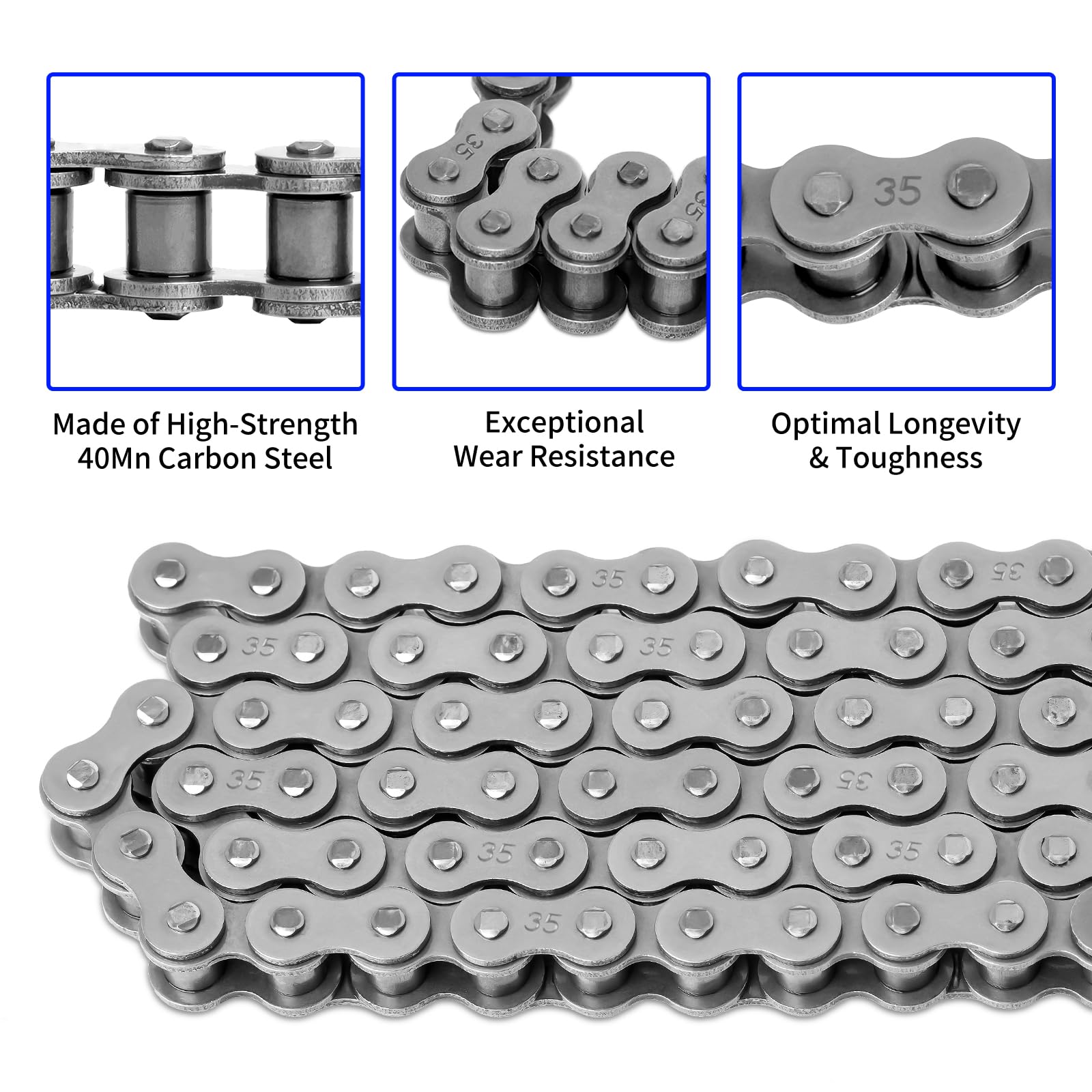 Belleone #35 Roller Chain - 3 Feet, 96 Links, Carbon Steel, 5 Master Links for Mini Bikes, Go Karts, Motorcycles, Bicycles, and Machinery