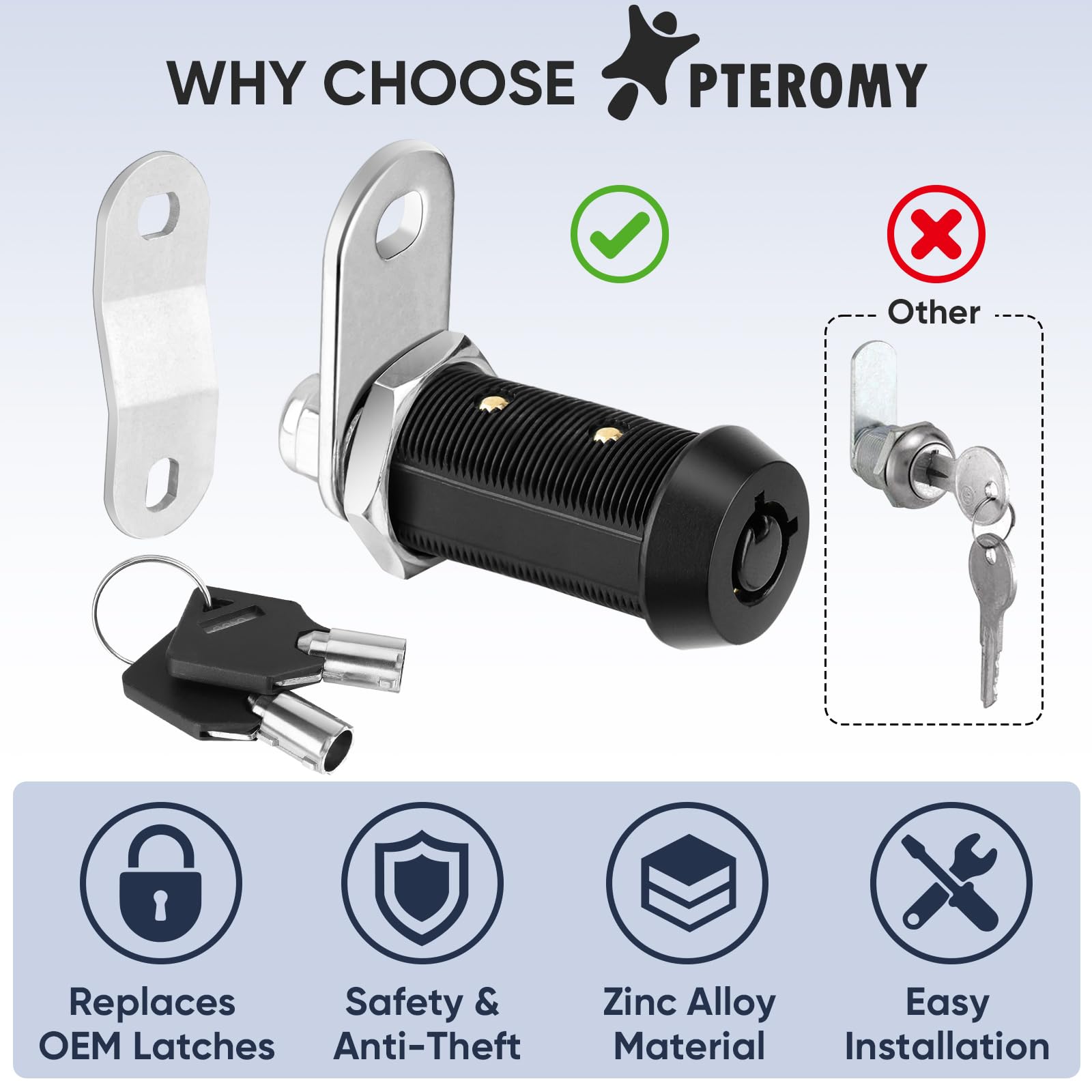 Pteromy 2 Pack Cabinet Lock With Keys, 1-1/2'' Heavy Duty Tubular Cam Lock For Rv Compartment Storage Locks, Full Set Of Rv Cam