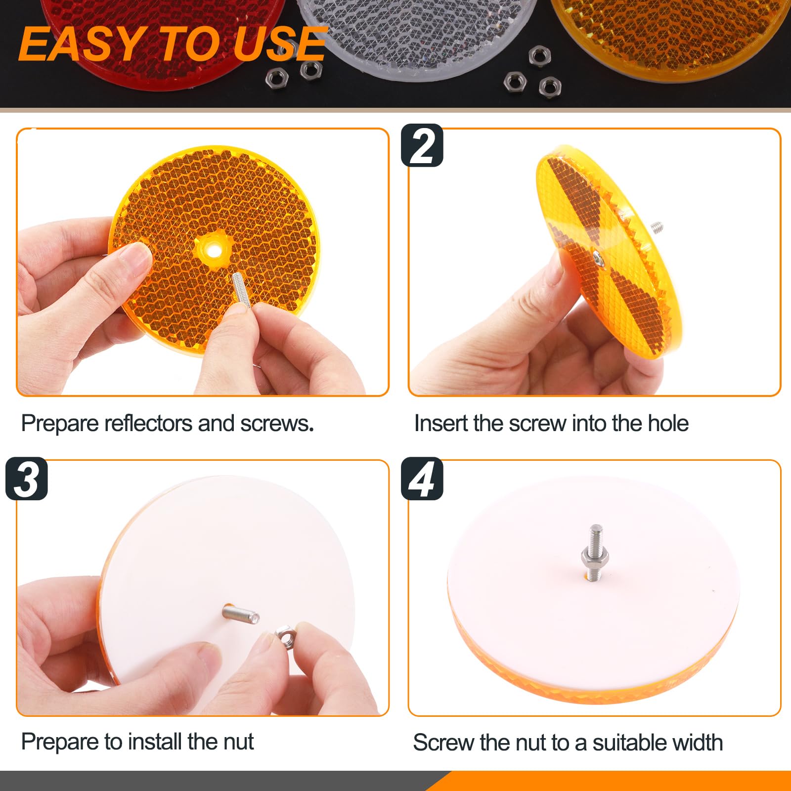 Rustark 12Pcs Red Front Reflector Round Reflector with 24Pcs 304 Mounting Bolts and Nuts Plastic Reflective Waterproof Safety Wa