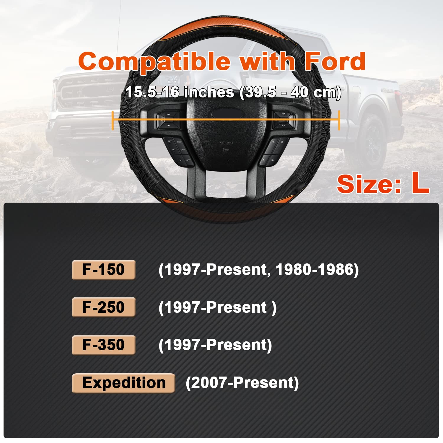 GIANT PANDA Steering Wheel Cover for Ford F150 F250 F350 - Leather, Orange, 15.5-16 inches, Model SWFO05