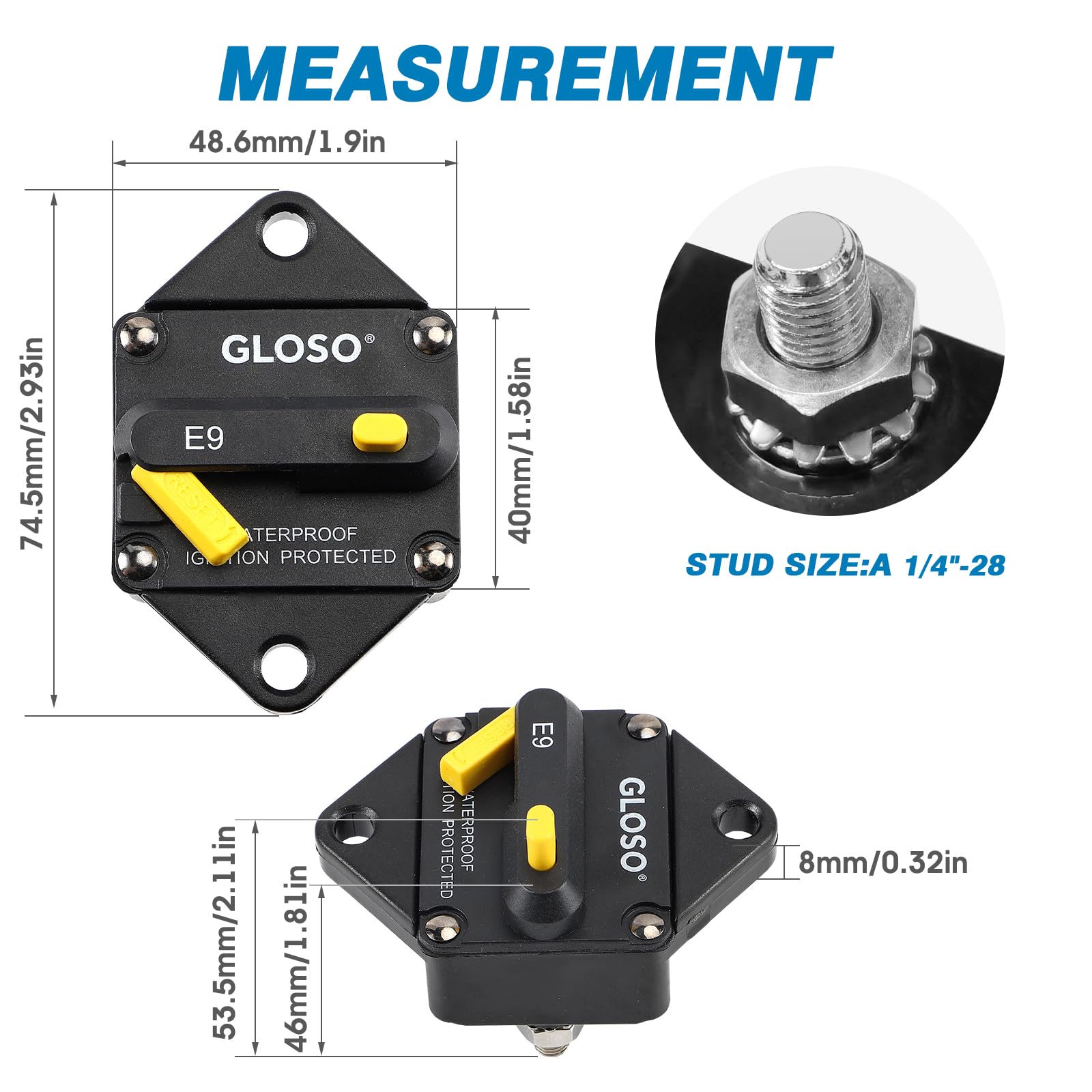 Gloso E96 Panel Mount Waterproof Ip67 Marine Auto Truck Hi-Amp With Gasket Circuit Breaker (1/4'' Stud-150A)