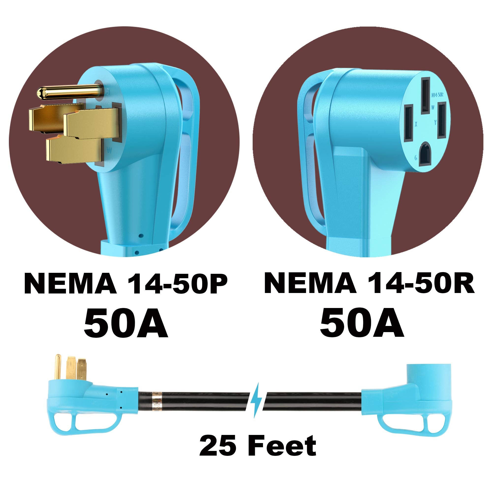 Circlecord Ul Listed 50 Amp 25 Feet Rv/Ev Extension Cord, Heavy Duty 6/3+8/1 Gauge Stw Wire, Nema 14-50P/R Suit For Tesla Model
