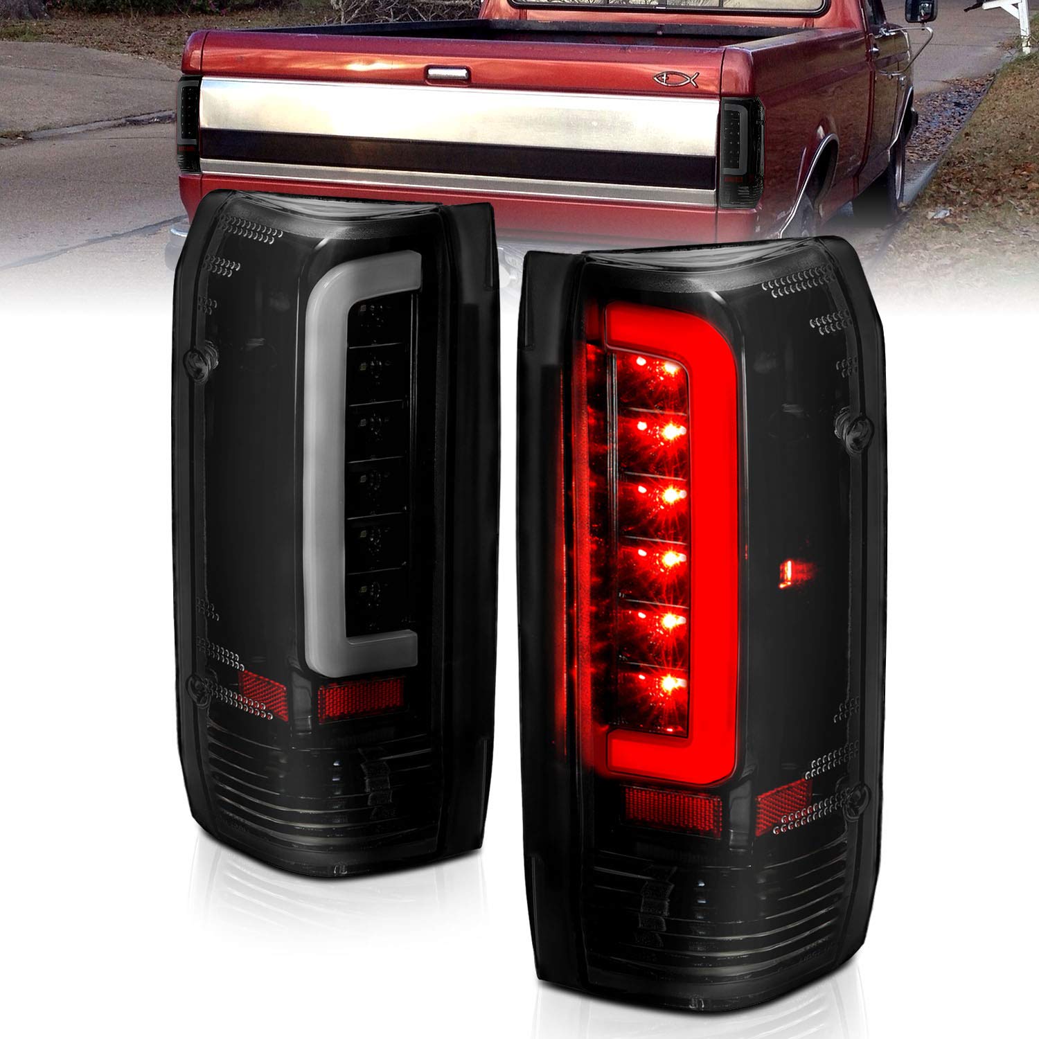 AmeriLite 3D C-Type Halogen & LED Tail Light Set for 1989-1996 Ford F150/Bronco/F250/F350, Dark Smoke, Black, Passenger & Driver