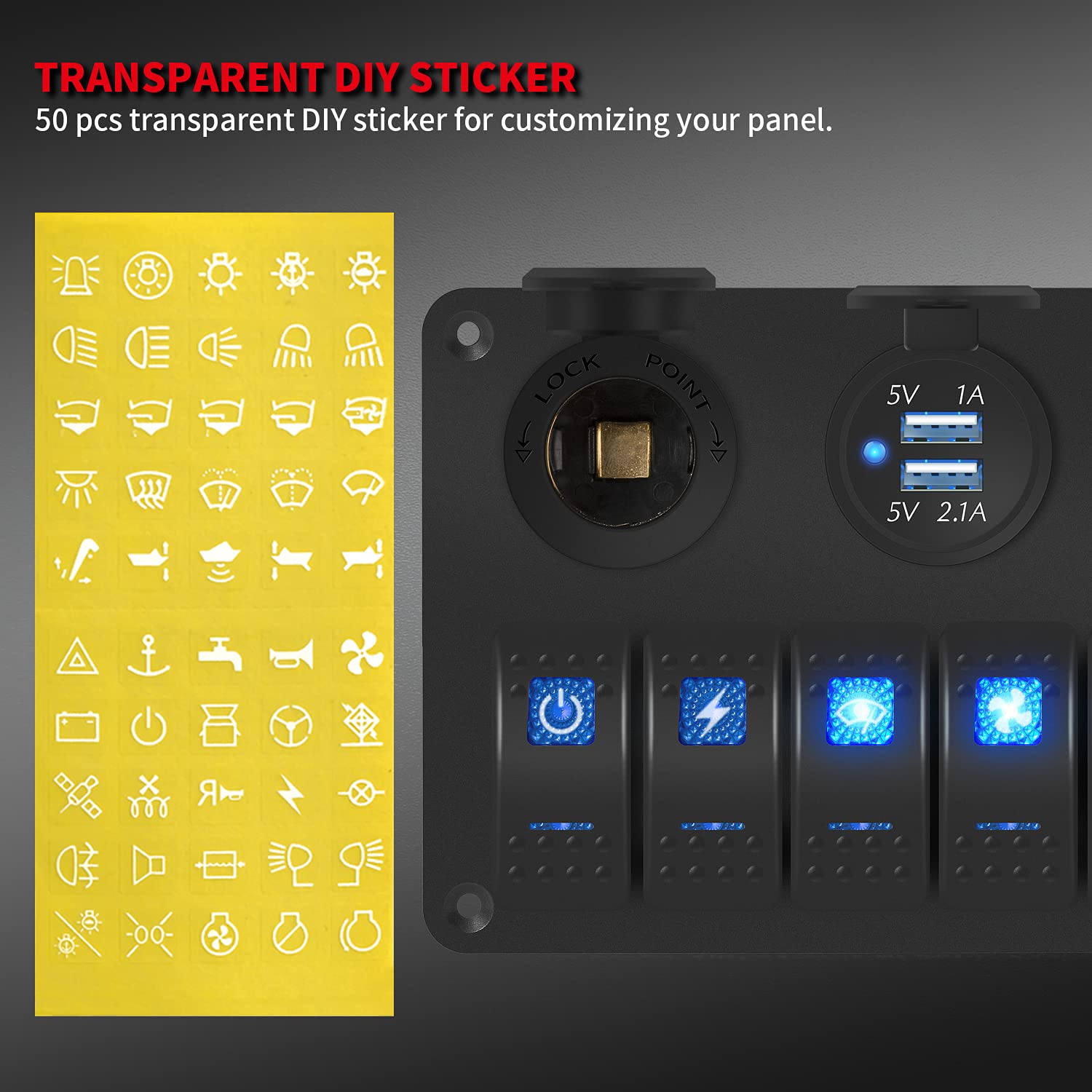 DAIERTEK 6 Gang Marine Rocker Switch Panel, Waterproof 12V with Blue LED, USB, Cigarette Lighter, Voltmeter - Boat/Car/RV/UTV