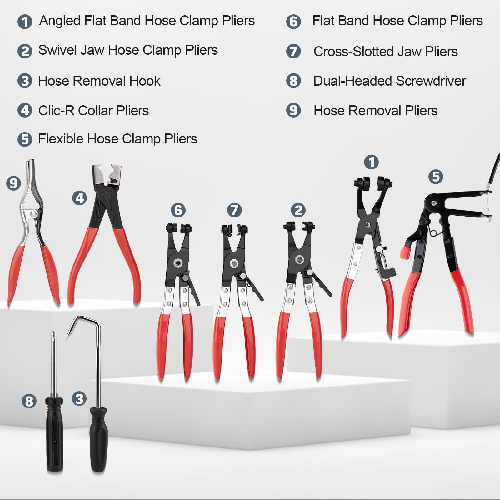 jiouxip 9PCS Hose Clamp Pliers Set, Long Reach Tool for Automotive Cooling Systems, Red, Model GSQ003
