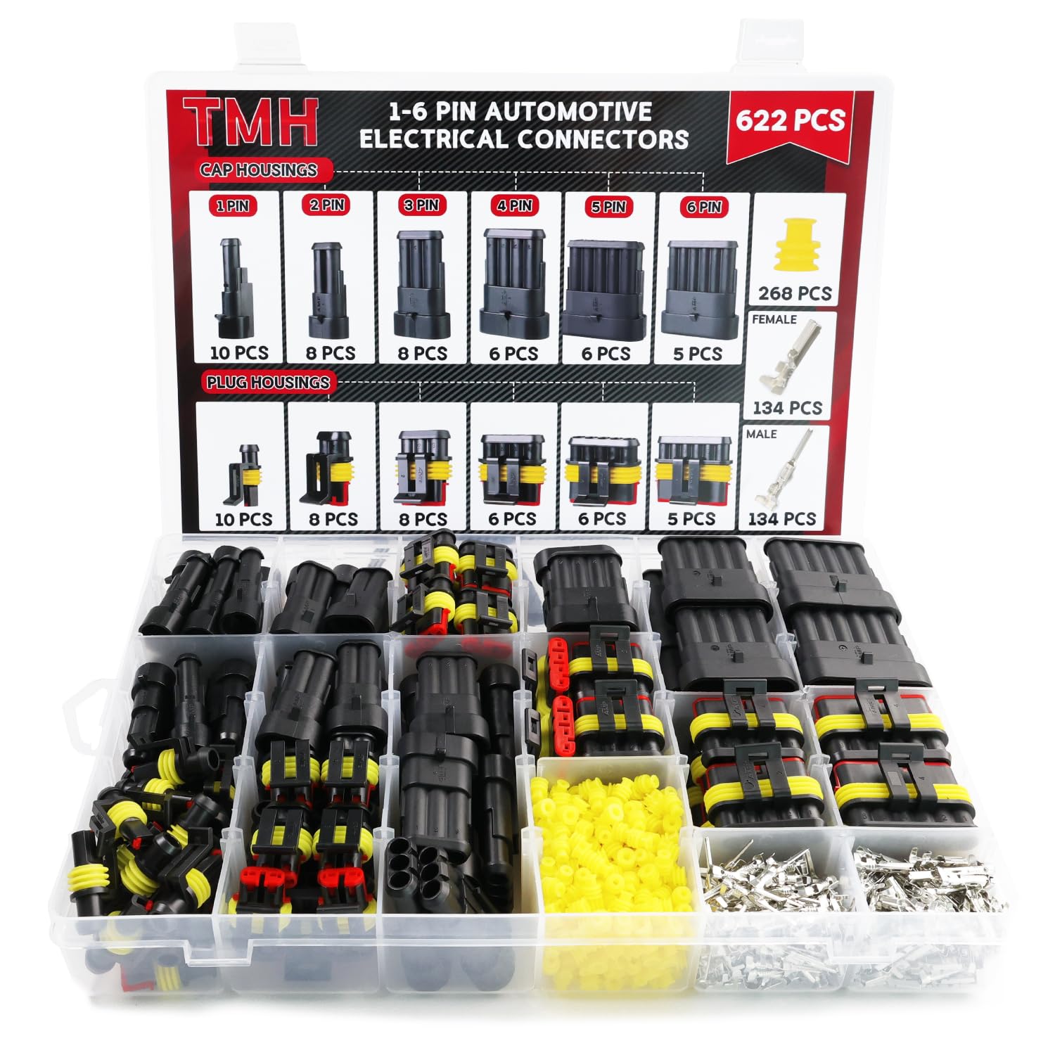 TMH 622 Pcs 1/2/3/4/5/6 Pin Electrical Connector Kit 22-16 AWG, Automotive Electrical Wire Terminal Connectors Male&Female Pin A