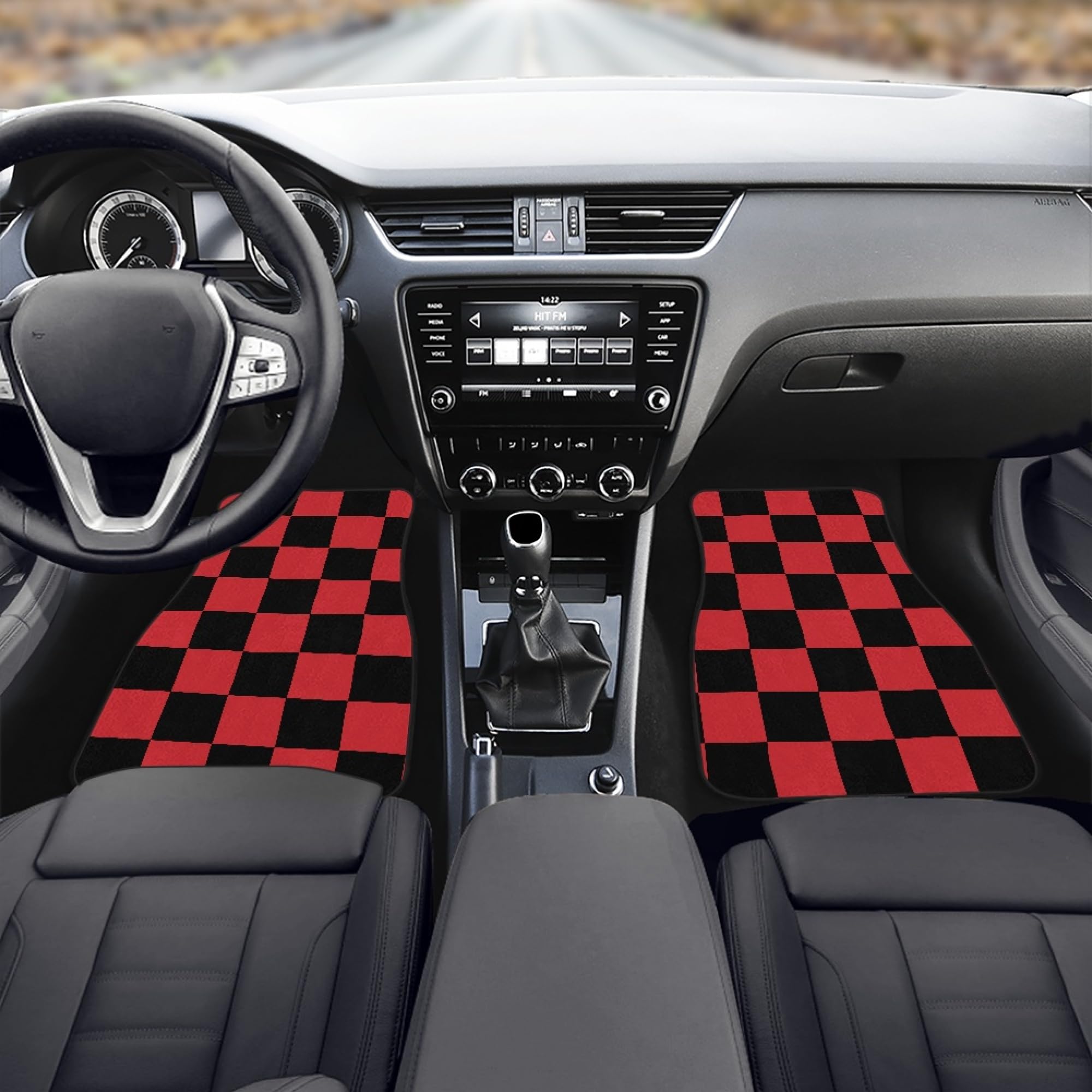 Checkered Car Floor Mats Set of 4,Geometric Checkered Plaid Pattern Black and Red Vehicle Front Rear Carpets Mats Universal Car
