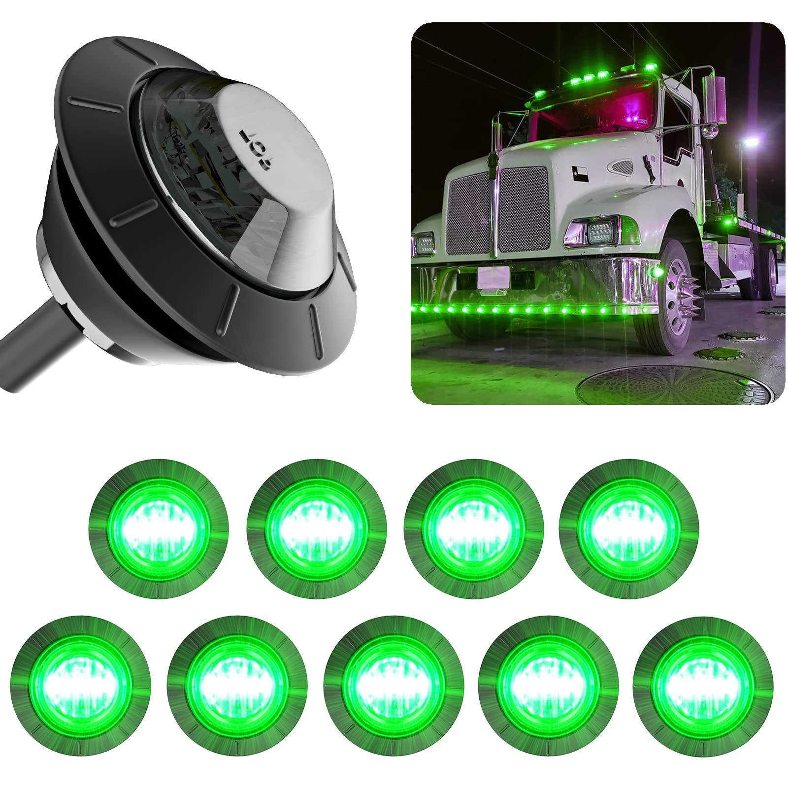 Bjz 3/4'' Led Trailer Marker Clearance Lights Green Round 12V Led Side Marker Front Rear Stop Turn Signal Tail Indicator Light W