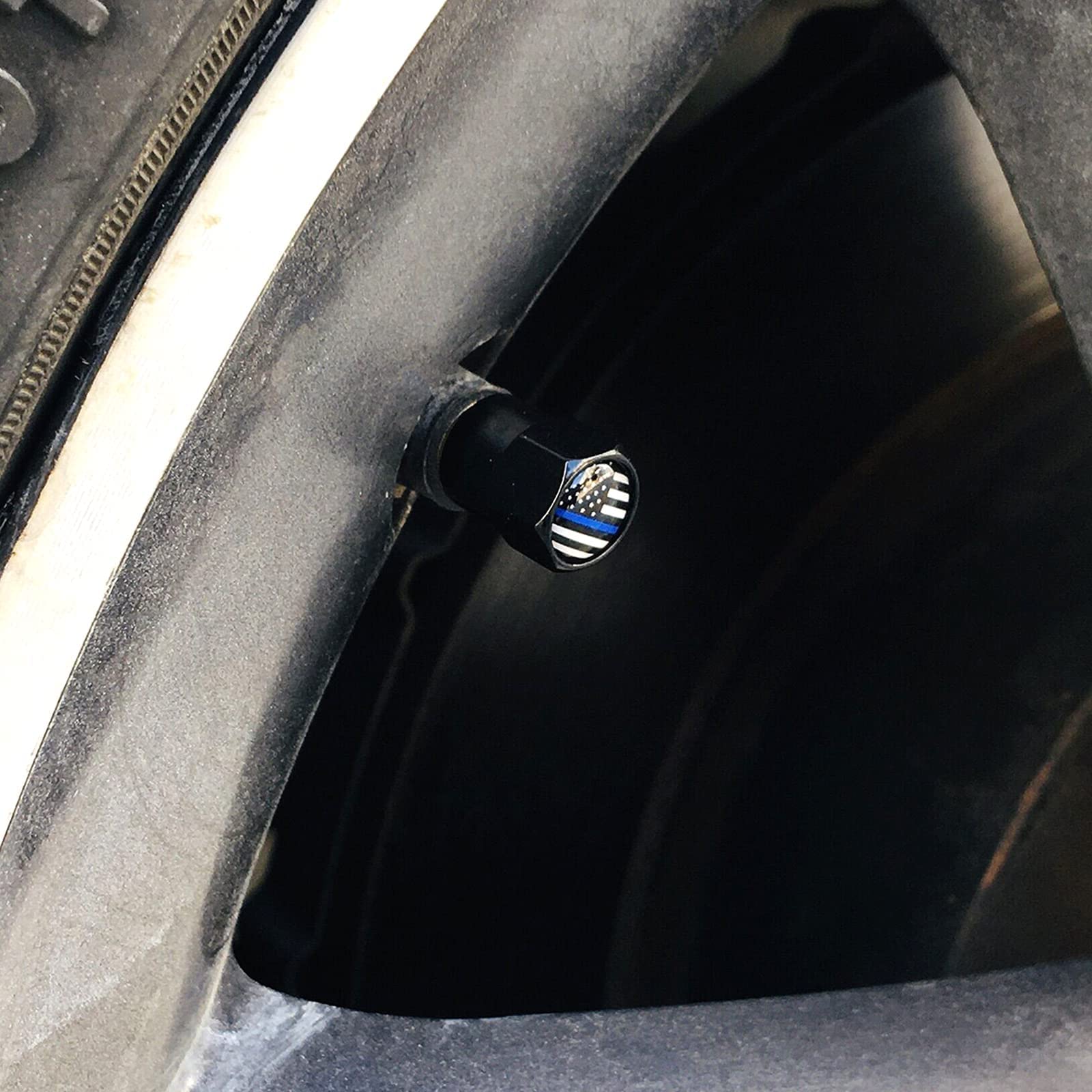 Dsycar Tire Valve Stem Caps - 12 Pack Black Blue USA, Thin Blue Line Design, Premium Aluminum with Rubber Seal, Universal Fit
