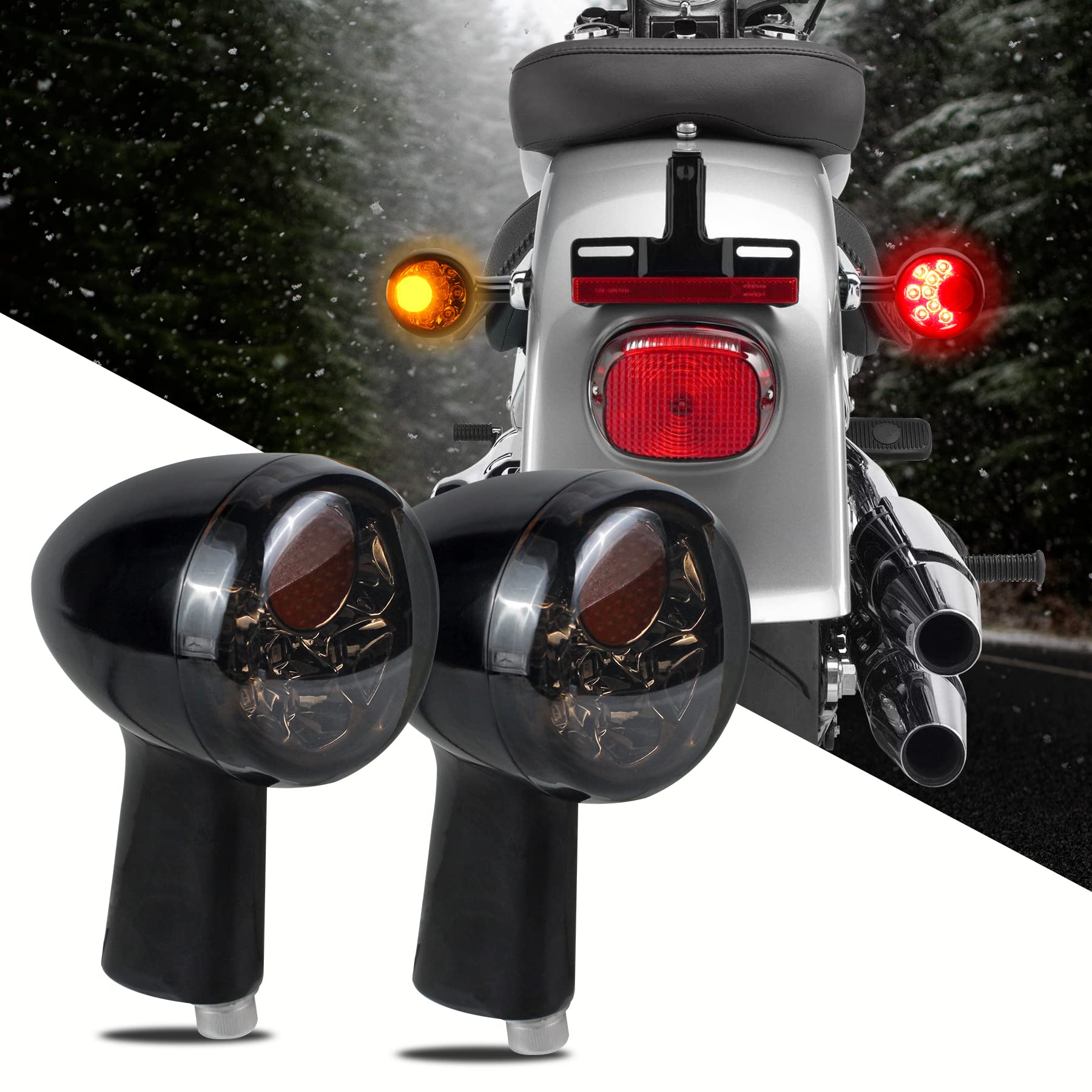 NTHREEAUTO Smoked Bullet LED Turn Signals & Brake Light for Harley Sportster XL 883 1200 (1992-2019) - Aluminium Alloy, White/Yellow