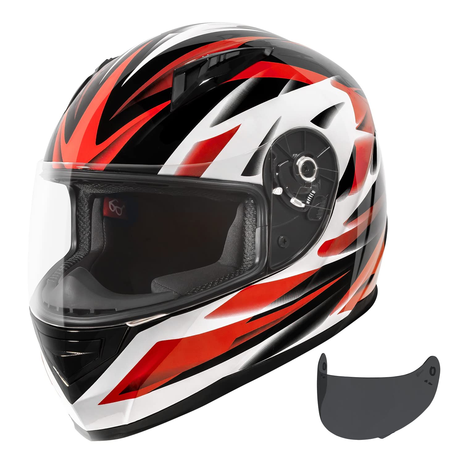 Vcan Vx Lightweight Full Face Motorcycle Street Bike Helmet With Extra Tinted Visor Dot Approved (Gloss Black Stream Red, Medium
