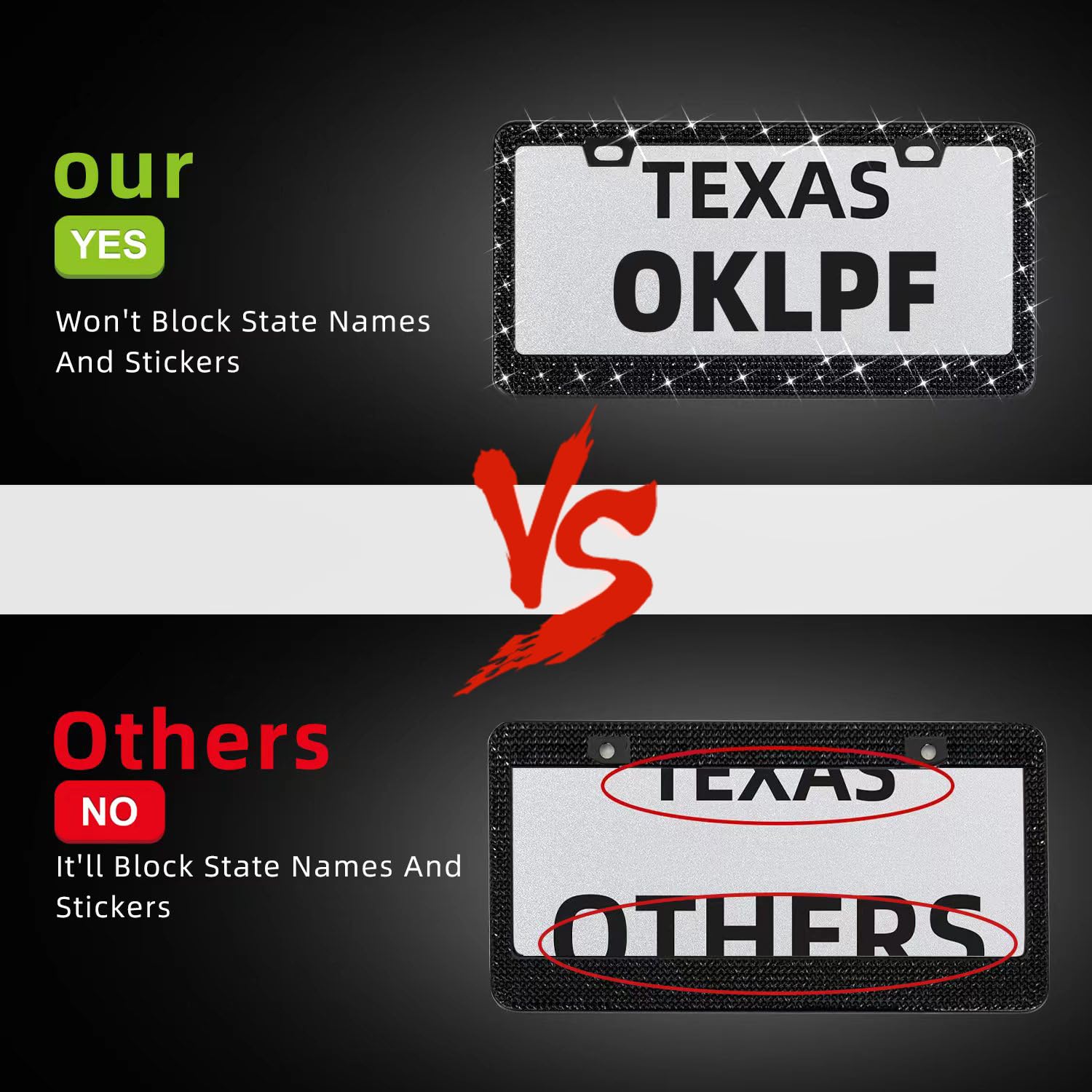 OKLPF Bling License Plate Frame for Women - 2PCS Sparkly Black Frames with 1200+ Bedazzled Rhinestones, Model OK0525, Free Glitter Box