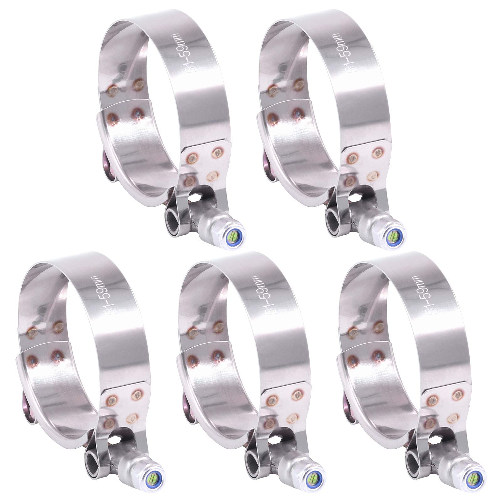 Hilitchi 5Pcs Stainless Steel T-Bolt Clamps With Rounded Band Edges Heavy Duty Turbo Intake Intercooler Clamp (51-59Mm) For 1 3/
