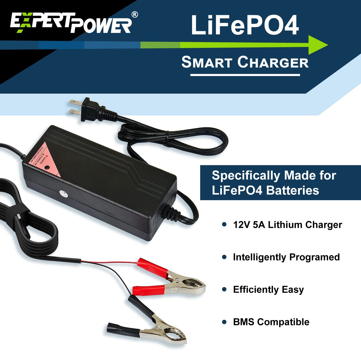 ExpertPower 12.8V 5A Smart Charger for Lithium LiFePO4 Batteries - Red, Model EPC125