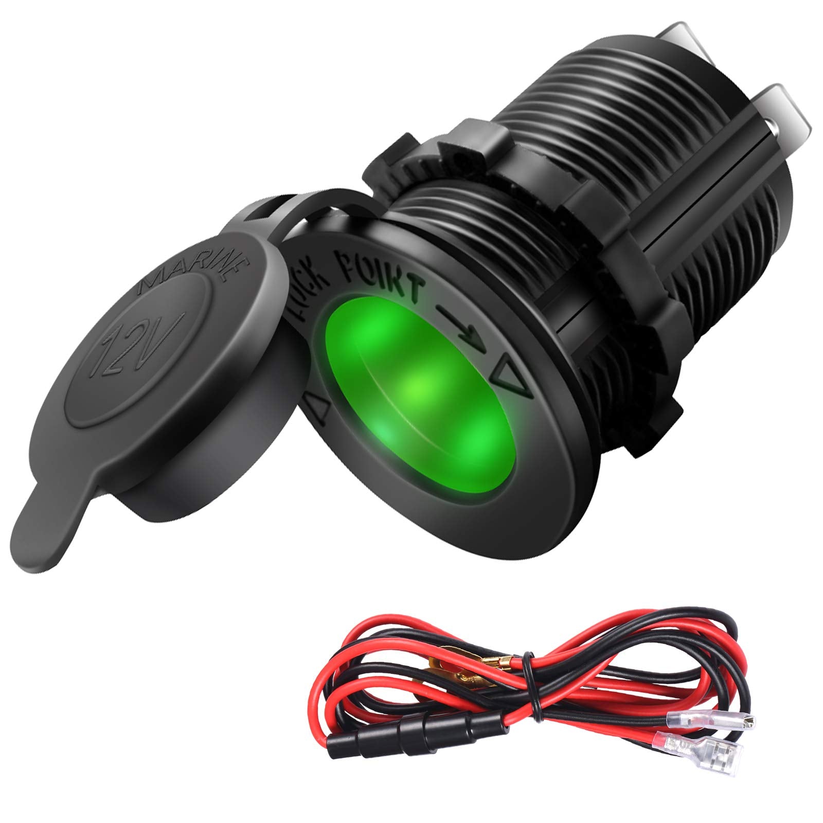 Cigarette Lighter Socket Car Marine Motorcycle Atv Rv Lighter Socket Power Outlet Socket Receptacle 12V Waterproof Plug (Led Gre