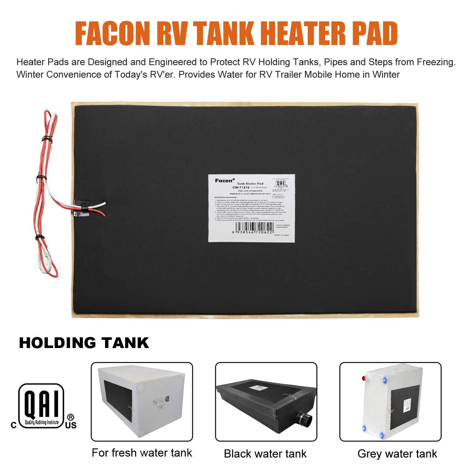 Facon RV Tank Heater Pads 12" x 18" with Thermostat, Black, Energy Efficient, QAI Certified, Prevents Freezing, Model CW-T1218